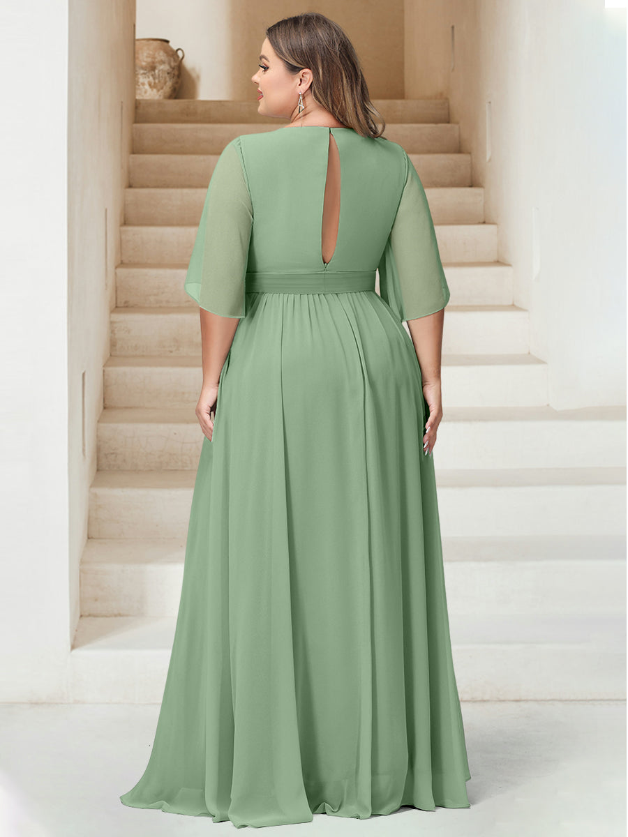 A-Line/Princess V-Neck Floor-Length Backless Plus Size Bridesmaid Dresses - 画像 (2)