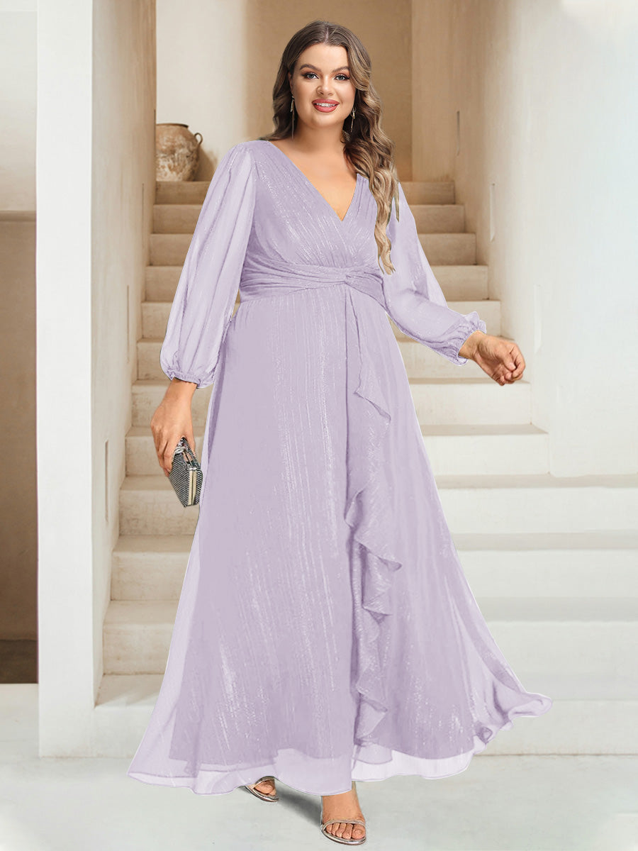 A-Line/Princess V-Neck Ankle-Length Long Sleeves Plus Size Bridesmaid Dresses - 이미지 9