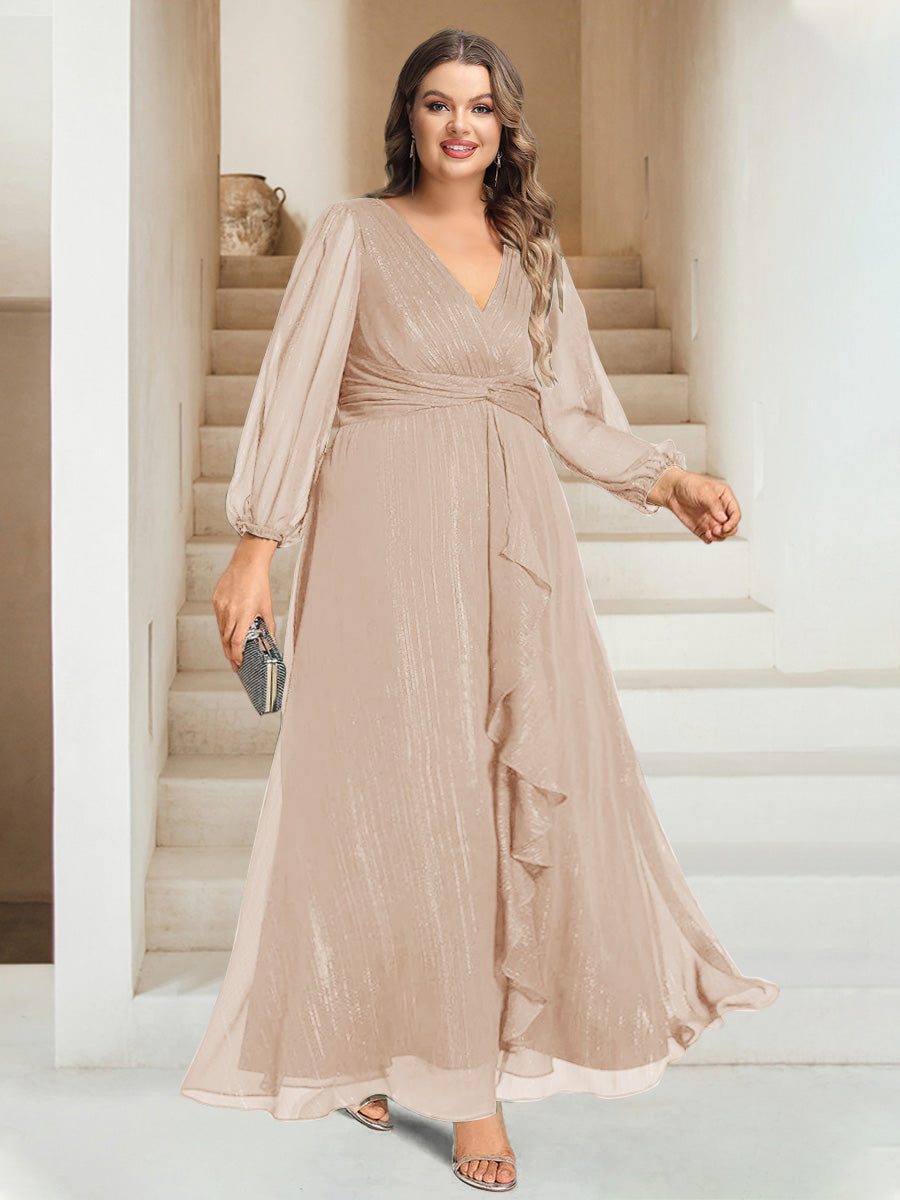A-Line/Princess V-Neck Ankle-Length Long Sleeves Plus Size Bridesmaid Dresses - 이미지 13