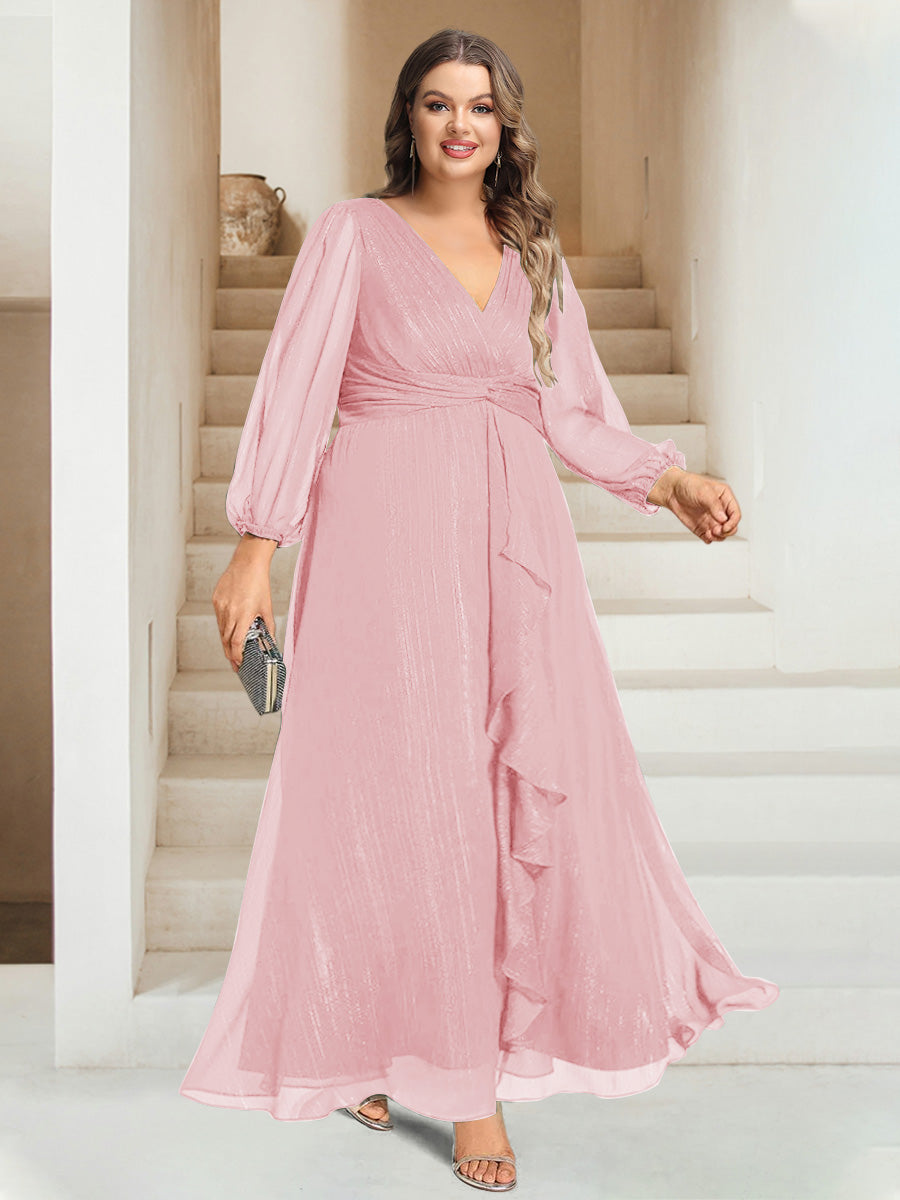 A-Line/Princess V-Neck Ankle-Length Long Sleeves Plus Size Bridesmaid Dresses - 이미지 14
