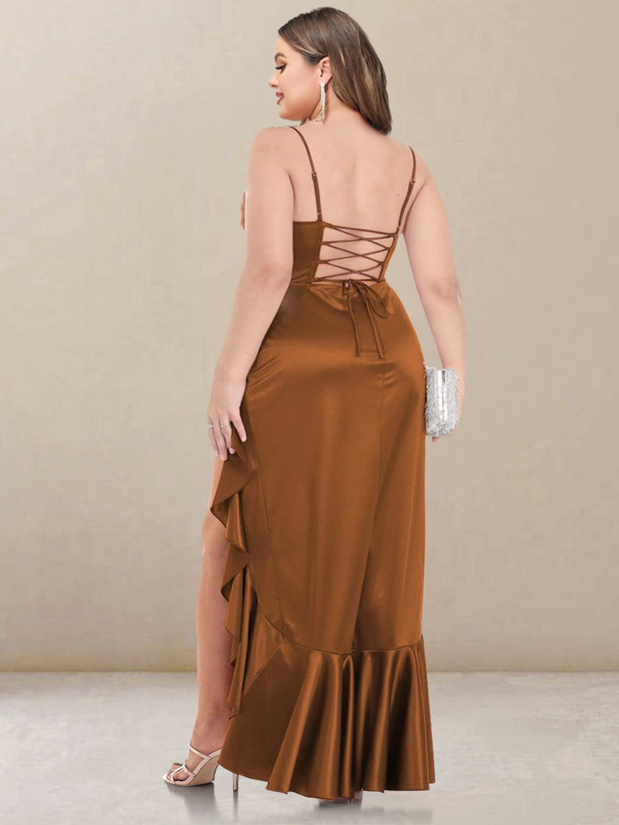 Sheath/Column Cowl Neck Straps Long Plus Size Bridesmaid Dresses with Ruffles - 이미지 2