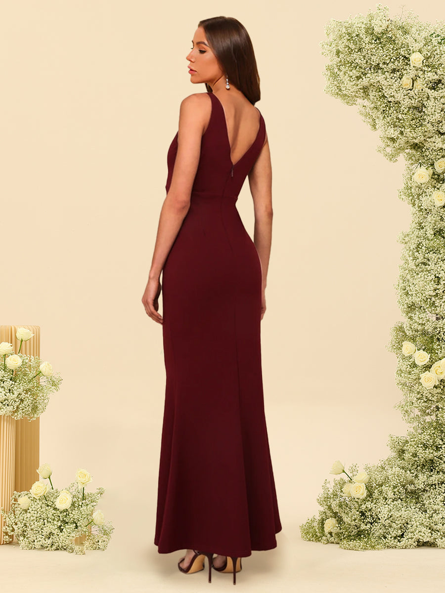 Trumpet/Mermaid V-Neck Sleeveless Long Bridesmaid Dresses With Hidden Back Zipper - 이미지 2