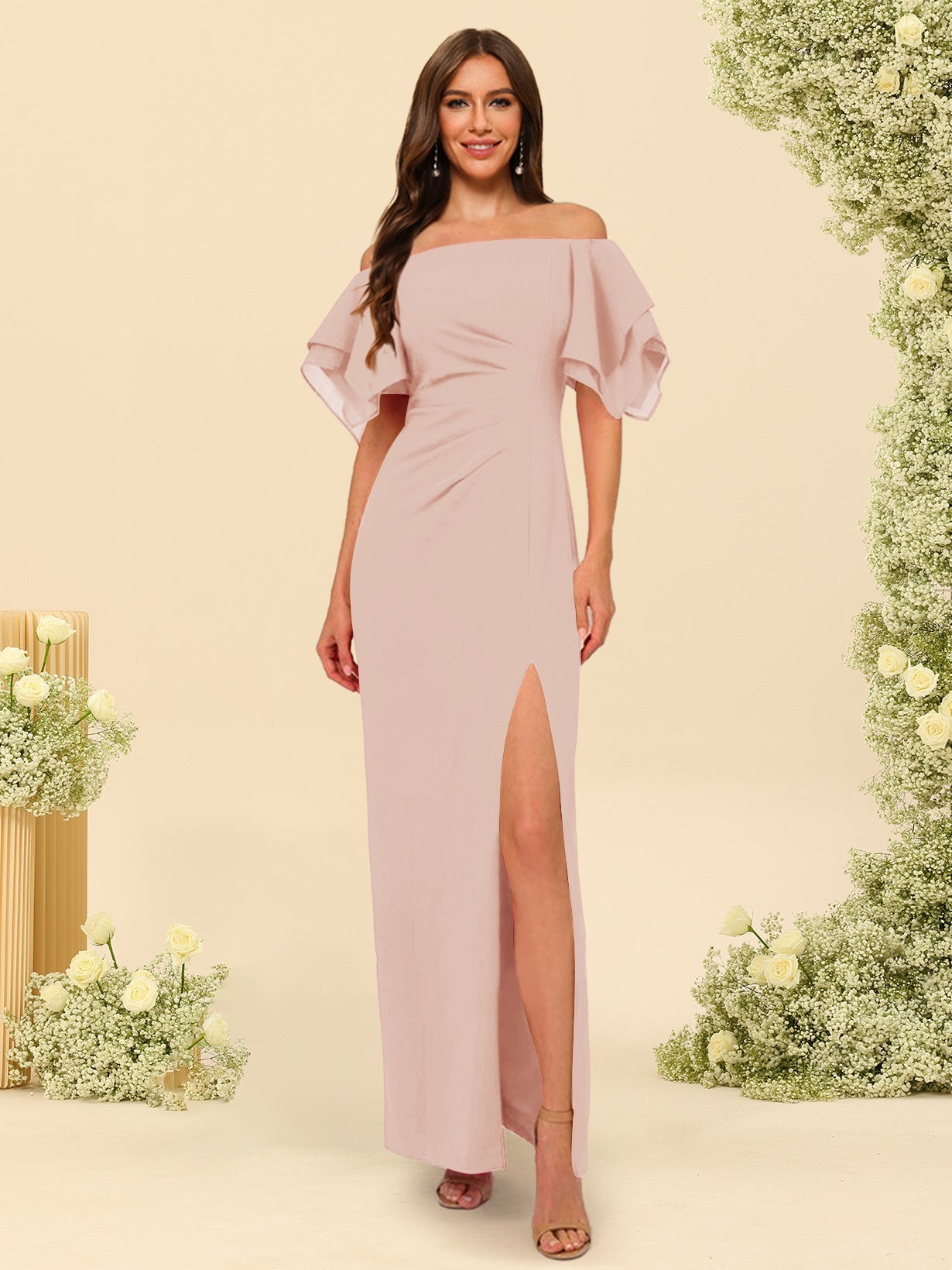 Sheath/Column Off-the-Shoulder Short Sleeves Bridesmaid Dresses with Split Side - 画像 (5)