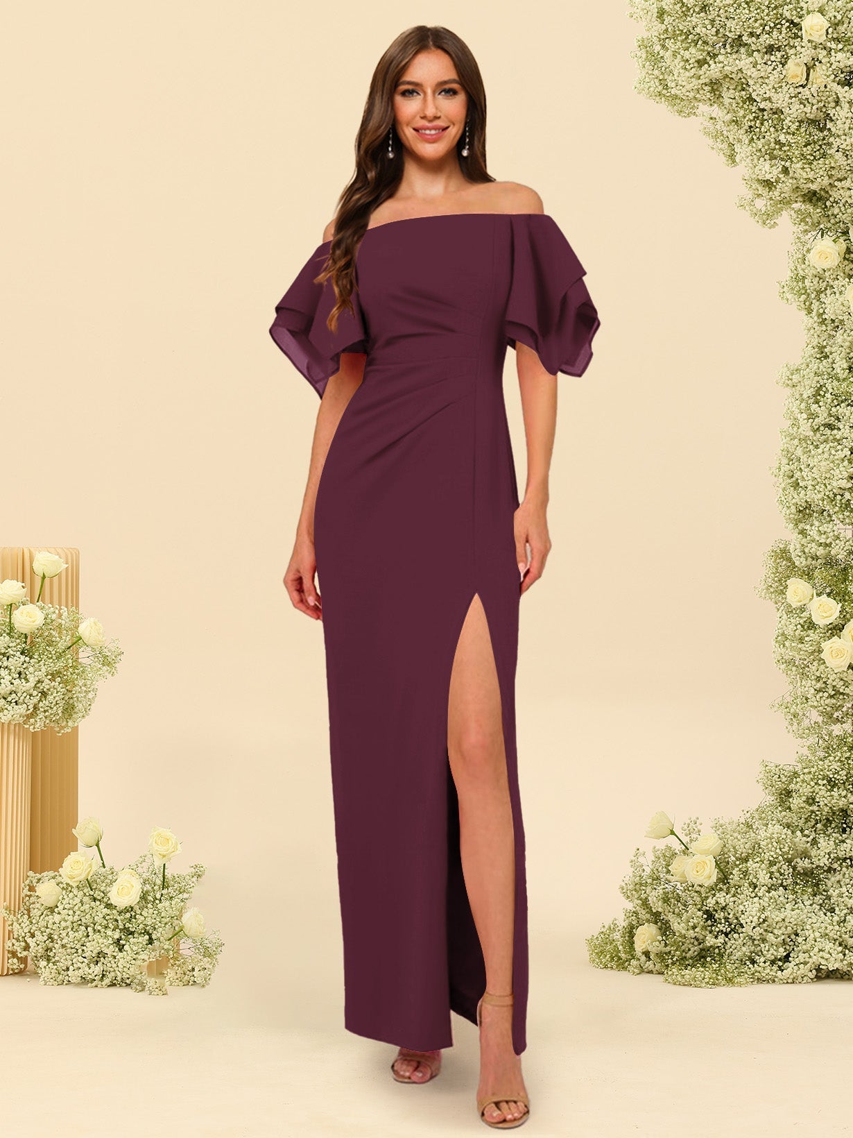Sheath/Column Off-the-Shoulder Short Sleeves Bridesmaid Dresses with Split Side - 画像 (7)