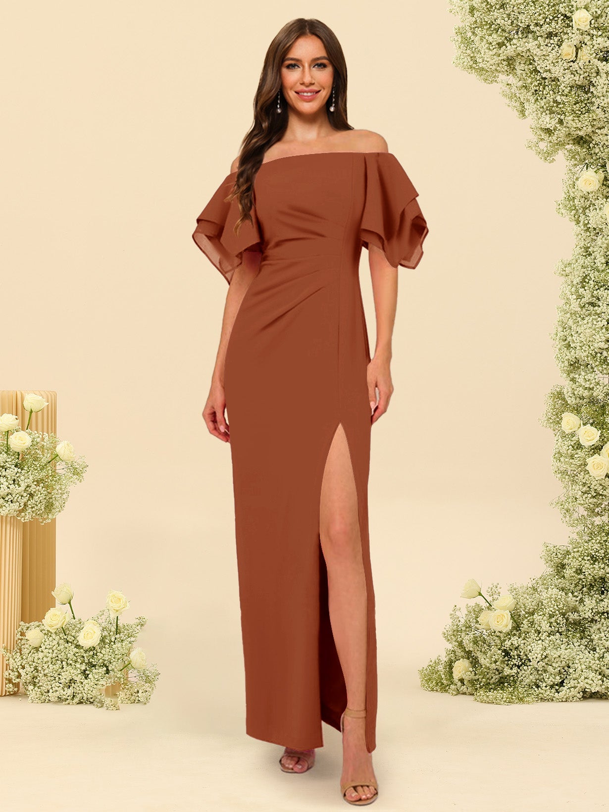 Sheath/Column Off-the-Shoulder Short Sleeves Bridesmaid Dresses with Split Side - 画像 (8)