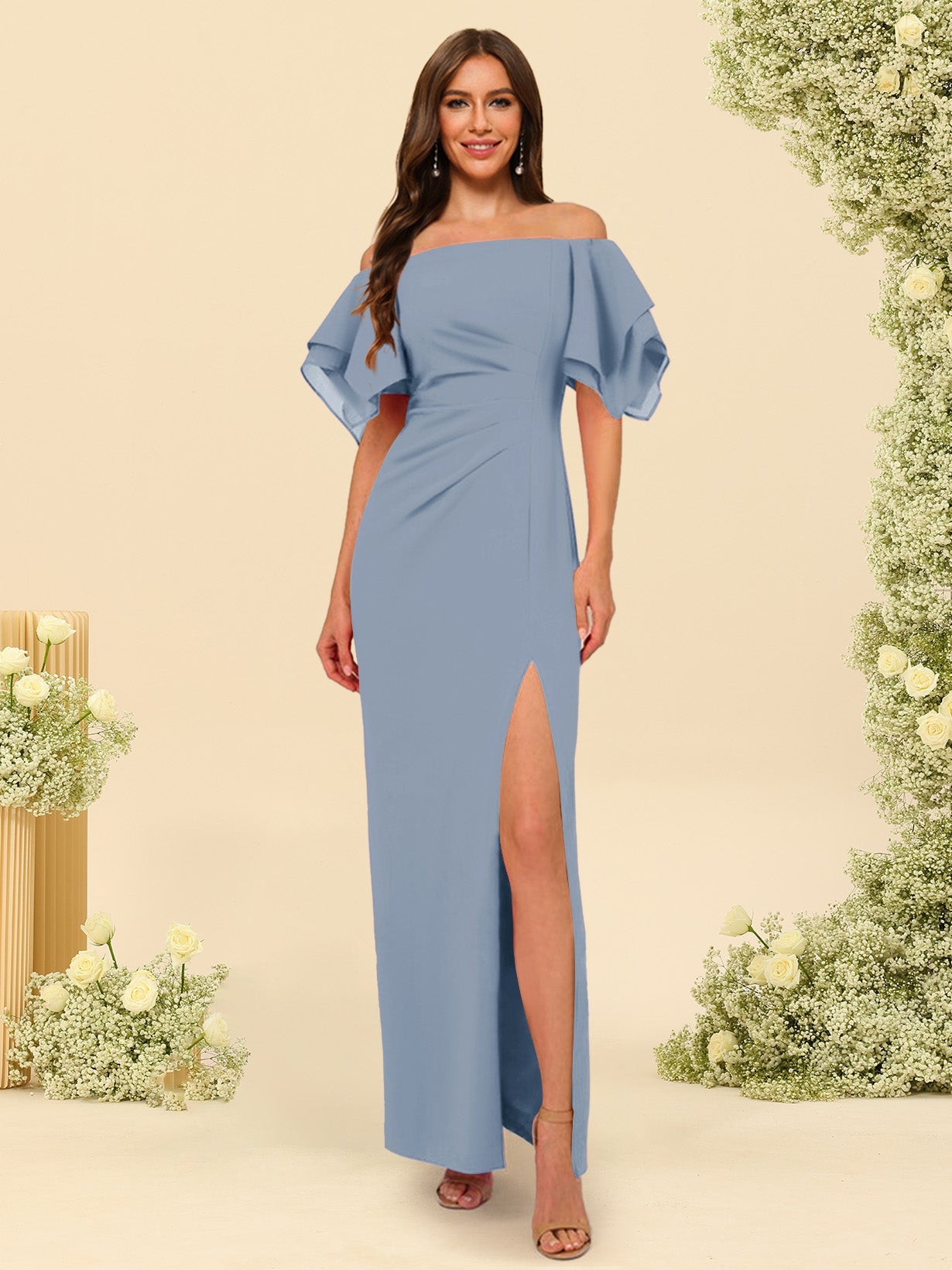 Sheath/Column Off-the-Shoulder Short Sleeves Bridesmaid Dresses with Split Side - 画像 (14)