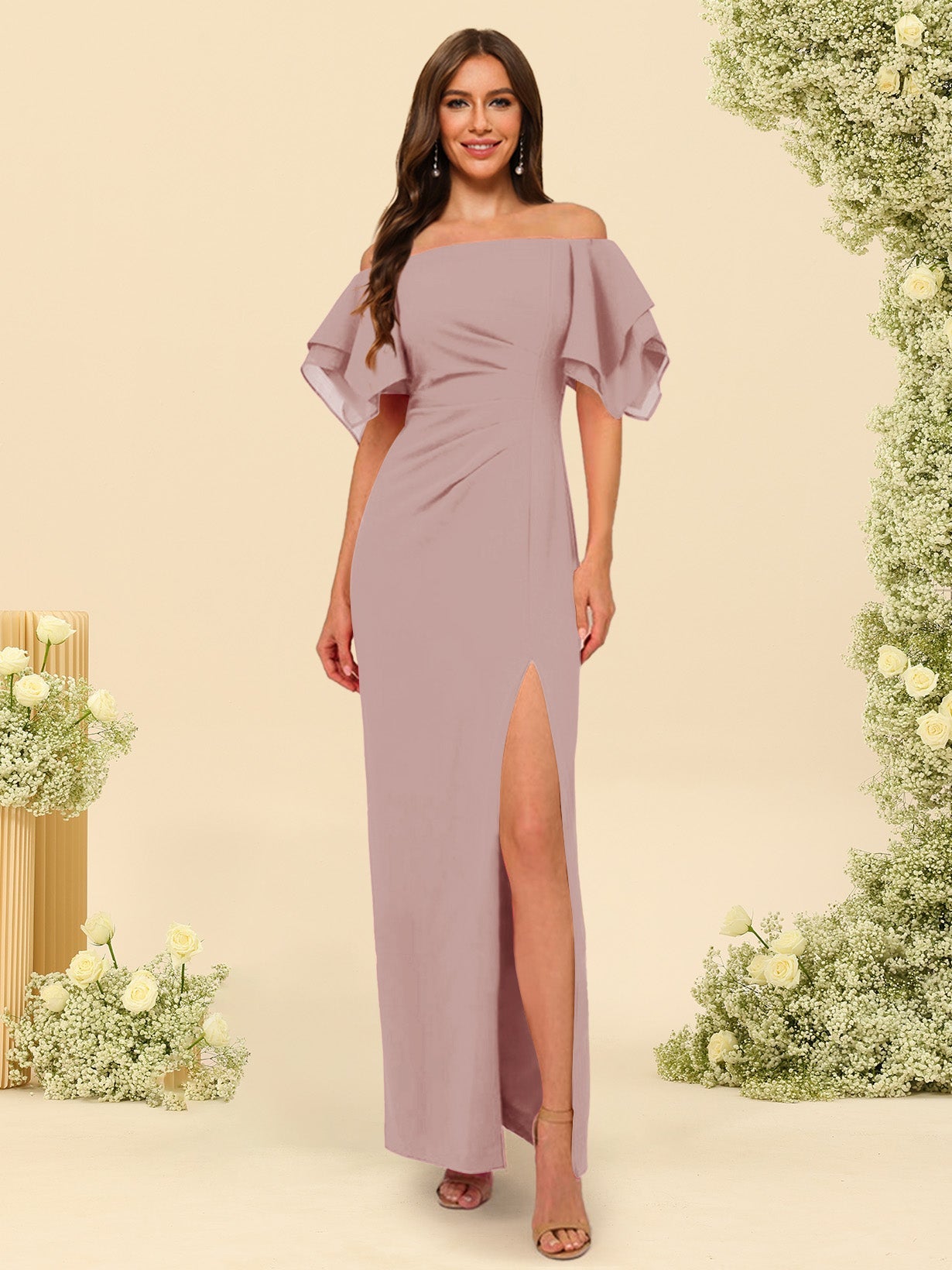 Sheath/Column Off-the-Shoulder Short Sleeves Bridesmaid Dresses with Split Side - 画像 (15)