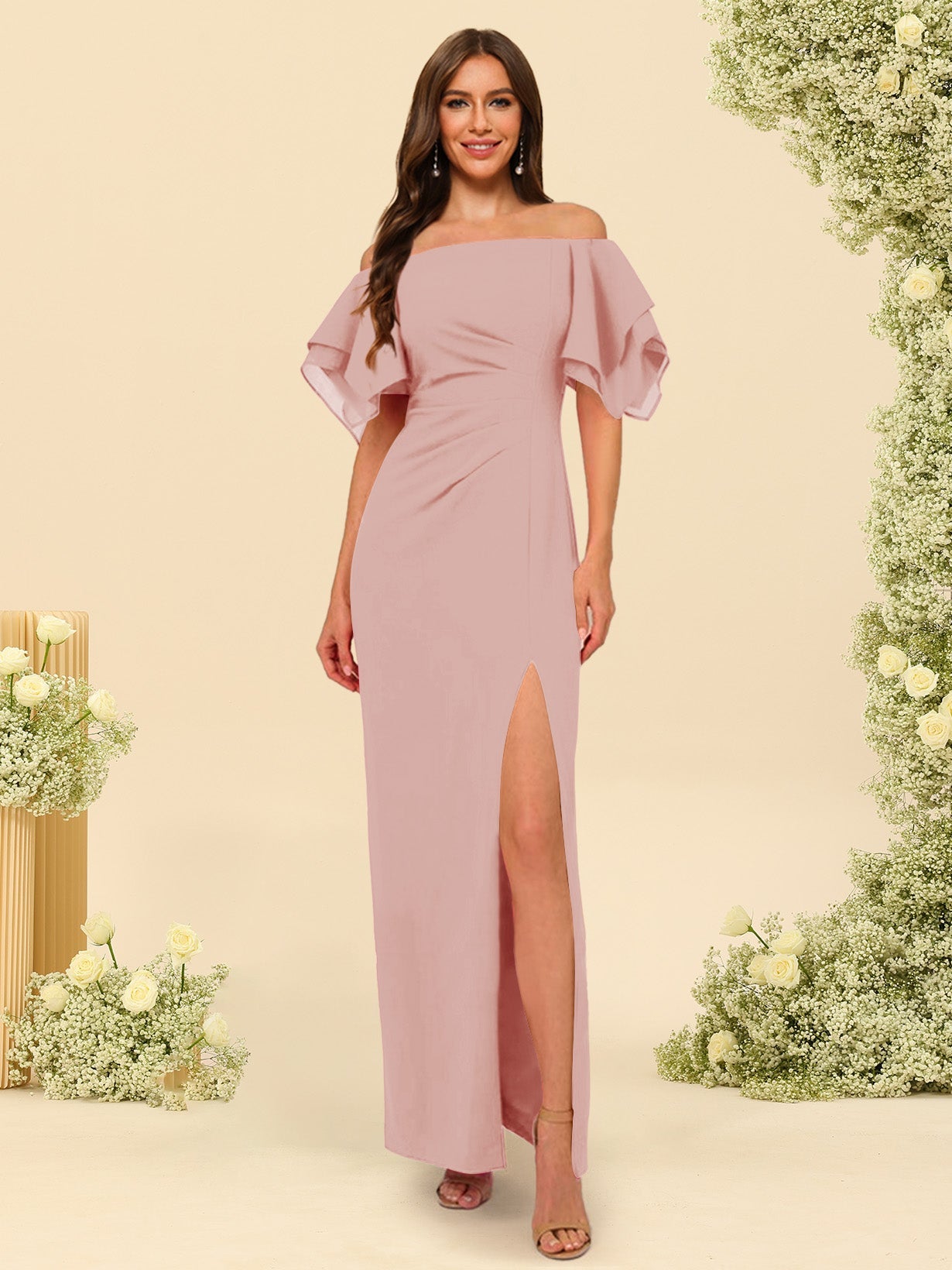 Sheath/Column Off-the-Shoulder Short Sleeves Bridesmaid Dresses with Split Side - 画像 (17)