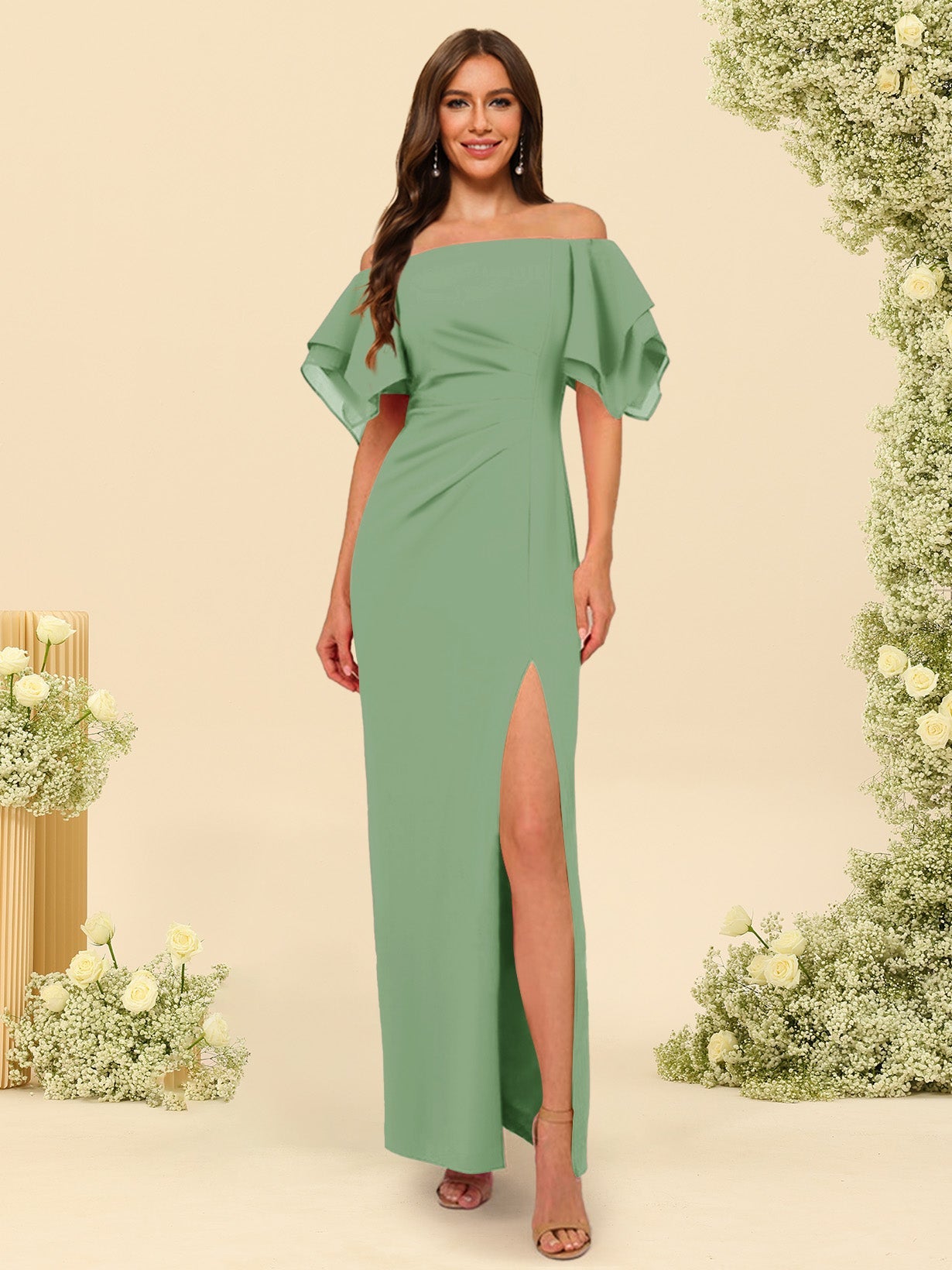 Sheath/Column Off-the-Shoulder Short Sleeves Bridesmaid Dresses with Split Side - 画像 (18)