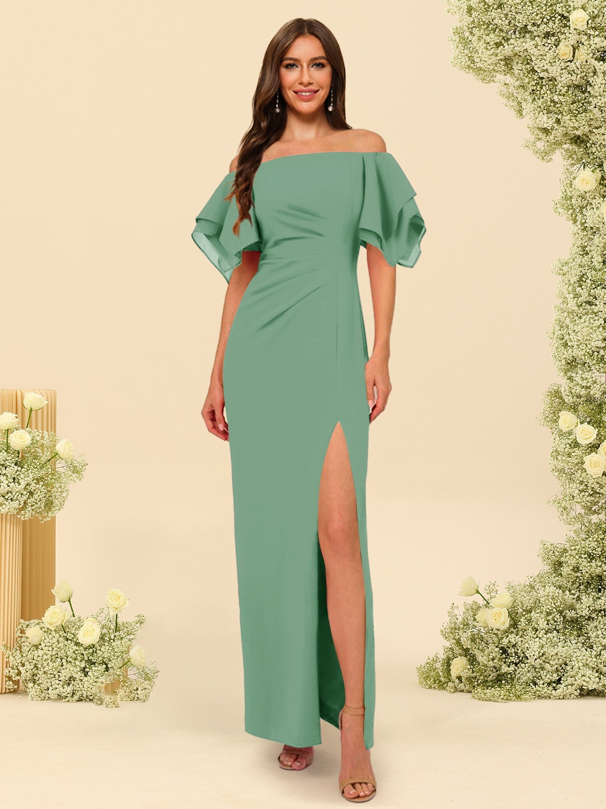 Sheath/Column Off-the-Shoulder Short Sleeves Bridesmaid Dresses with Split Side - 画像 (20)