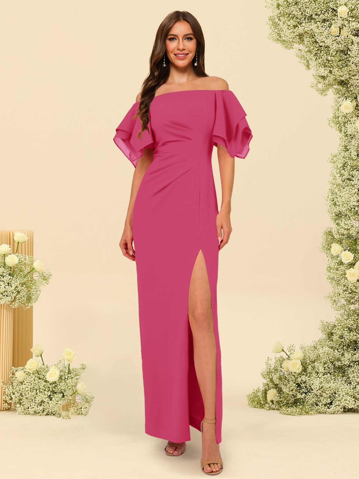 Sheath/Column Off-the-Shoulder Short Sleeves Bridesmaid Dresses with Split Side - 画像 (21)