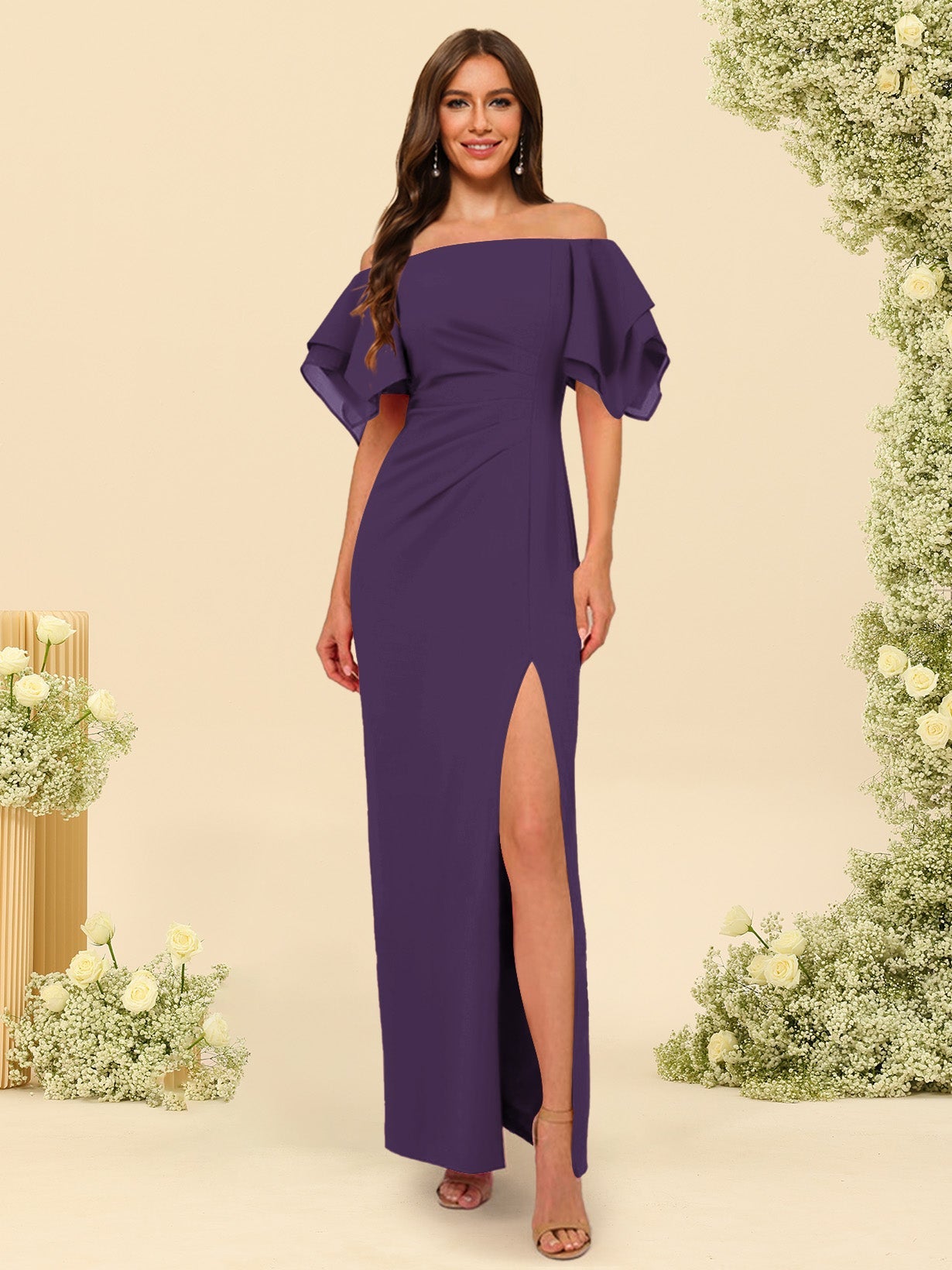 Sheath/Column Off-the-Shoulder Short Sleeves Bridesmaid Dresses with Split Side - 画像 (24)