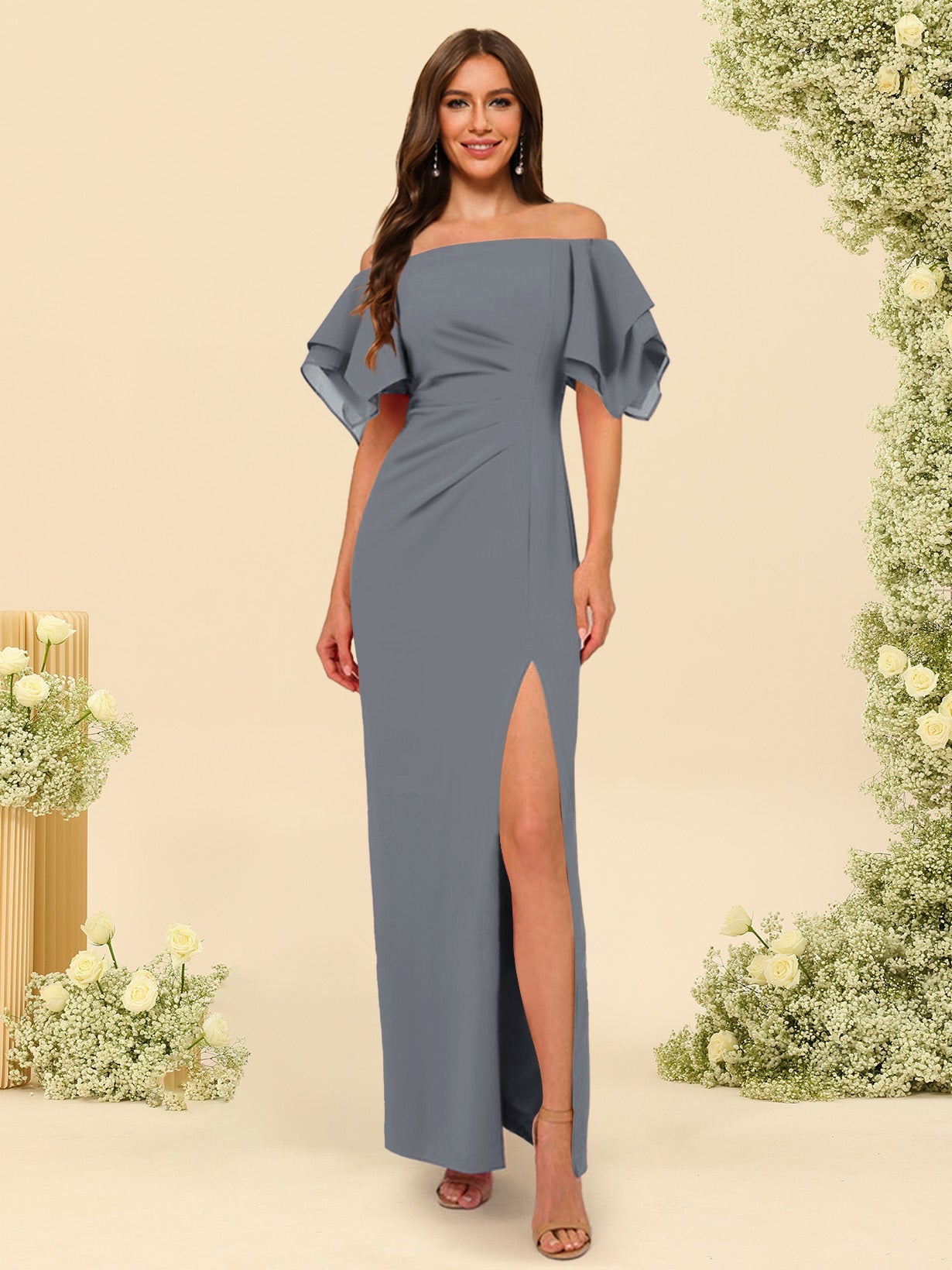 Sheath/Column Off-the-Shoulder Short Sleeves Bridesmaid Dresses with Split Side - 画像 (25)