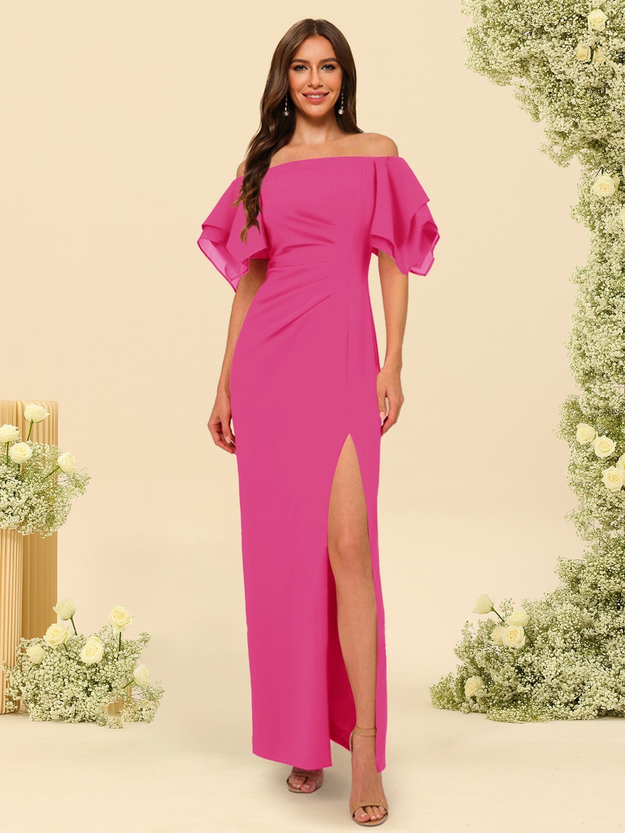 Sheath/Column Off-the-Shoulder Short Sleeves Bridesmaid Dresses with Split Side - 画像 (27)