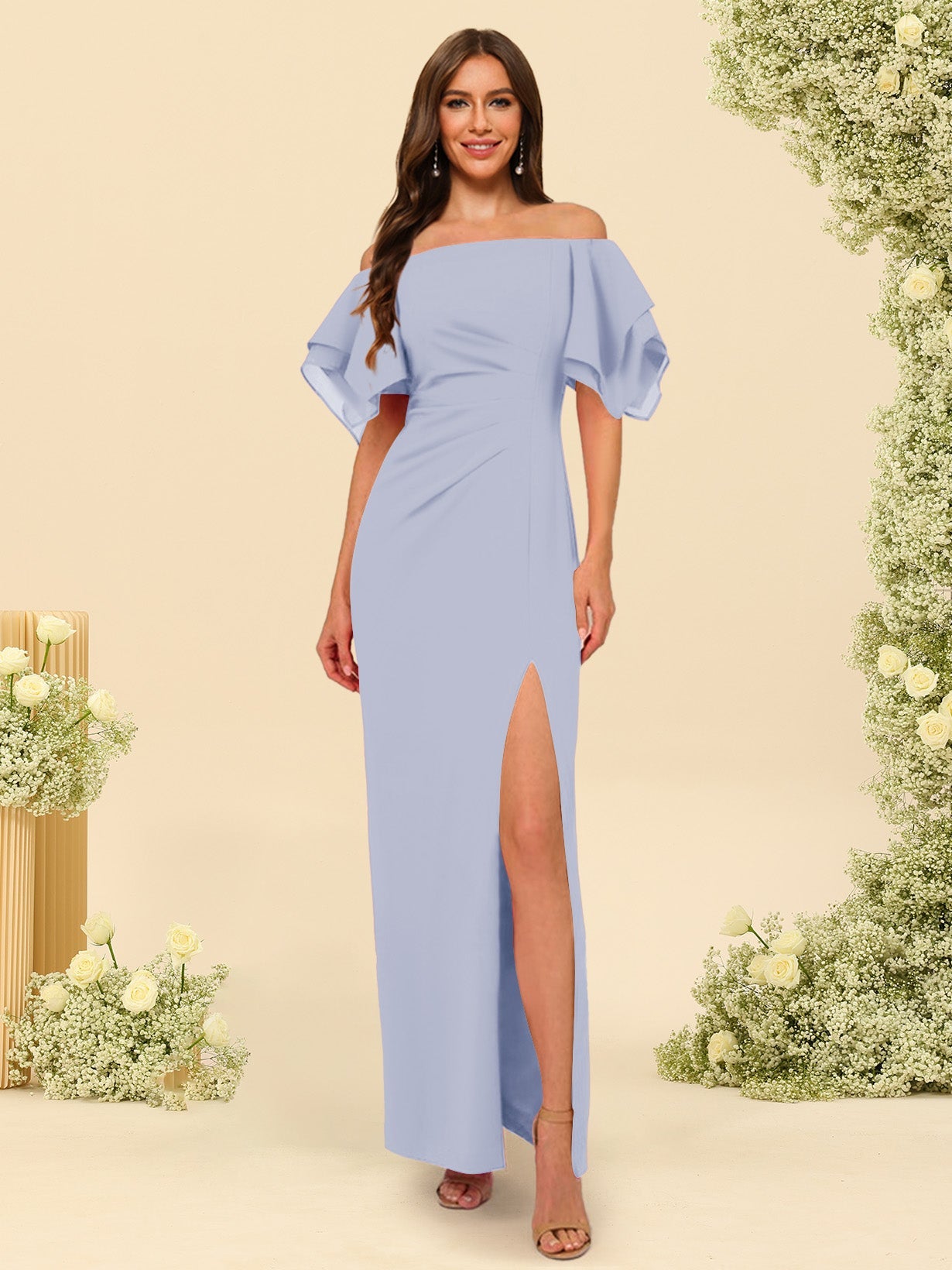 Sheath/Column Off-the-Shoulder Short Sleeves Bridesmaid Dresses with Split Side - 画像 (29)