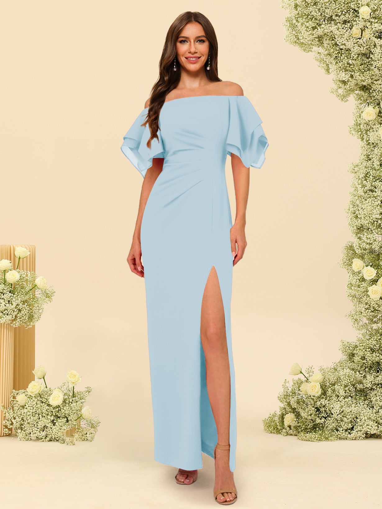 Sheath/Column Off-the-Shoulder Short Sleeves Bridesmaid Dresses with Split Side - 画像 (30)