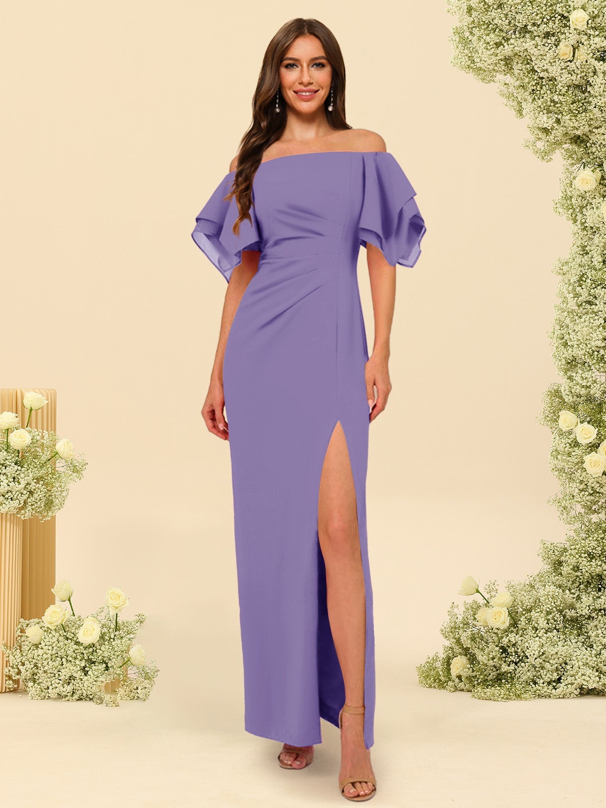 Sheath/Column Off-the-Shoulder Short Sleeves Bridesmaid Dresses with Split Side - 画像 (34)