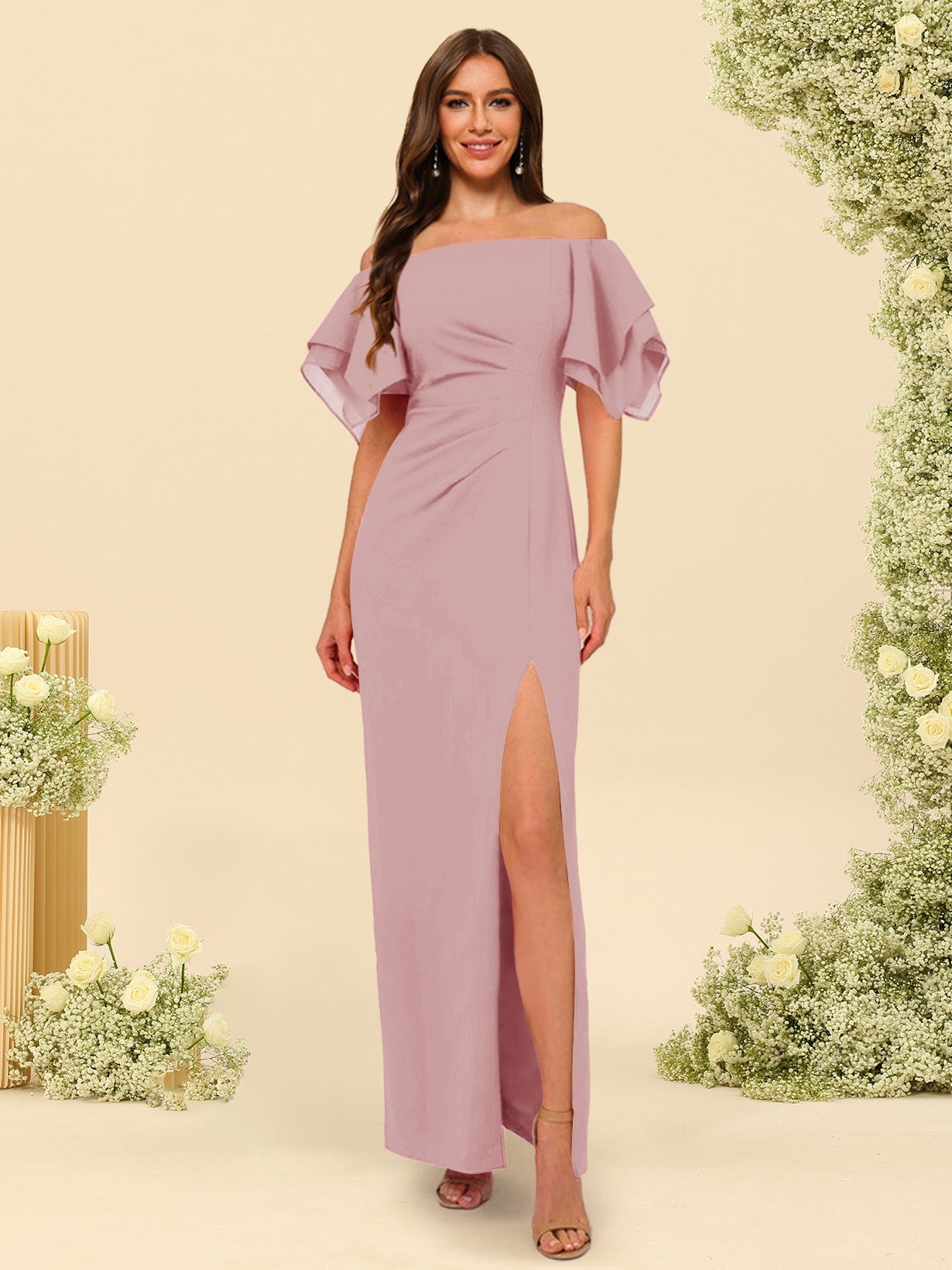 Sheath/Column Off-the-Shoulder Short Sleeves Bridesmaid Dresses with Split Side - 画像 (38)