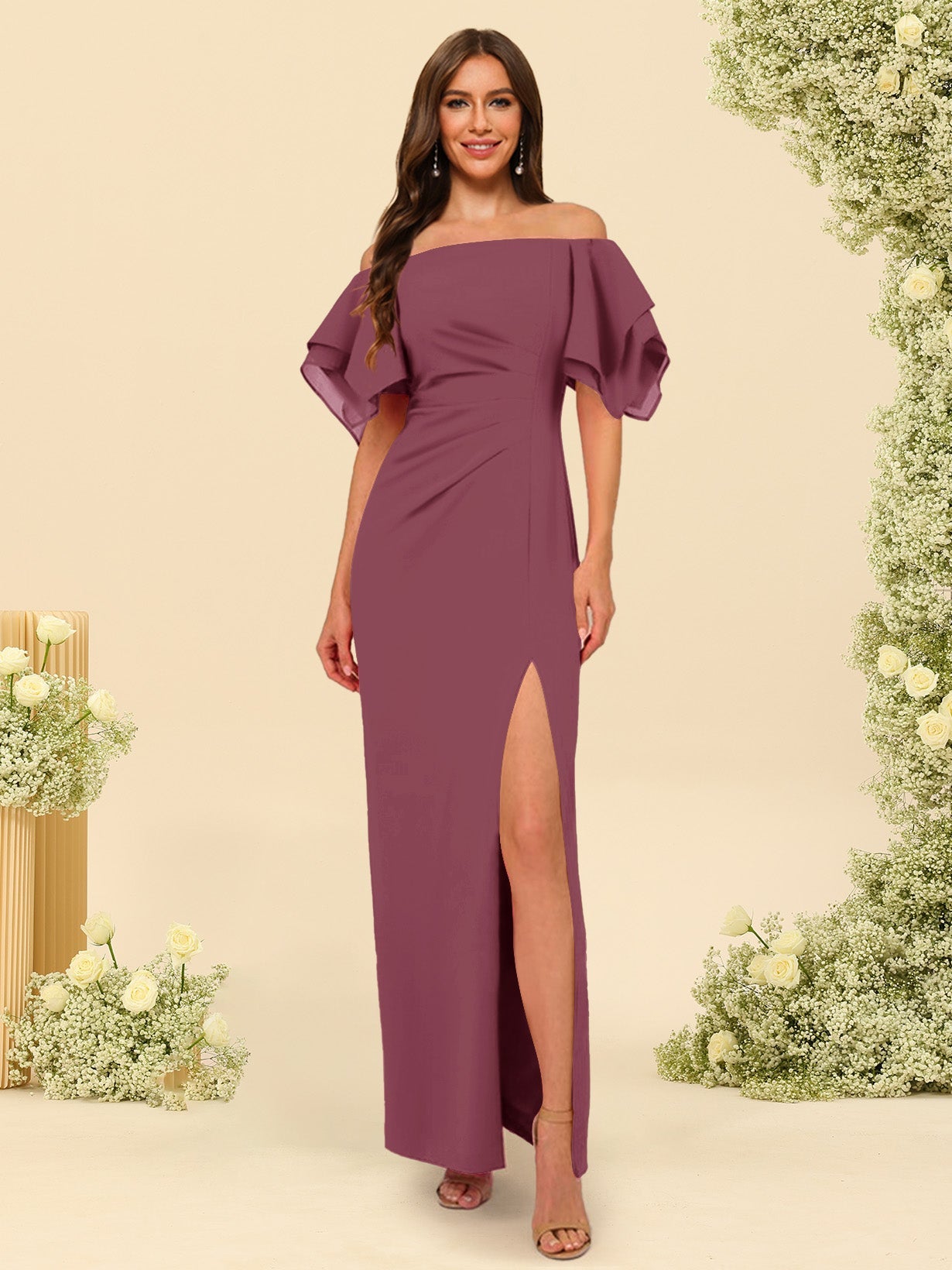 Sheath/Column Off-the-Shoulder Short Sleeves Bridesmaid Dresses with Split Side - 画像 (41)