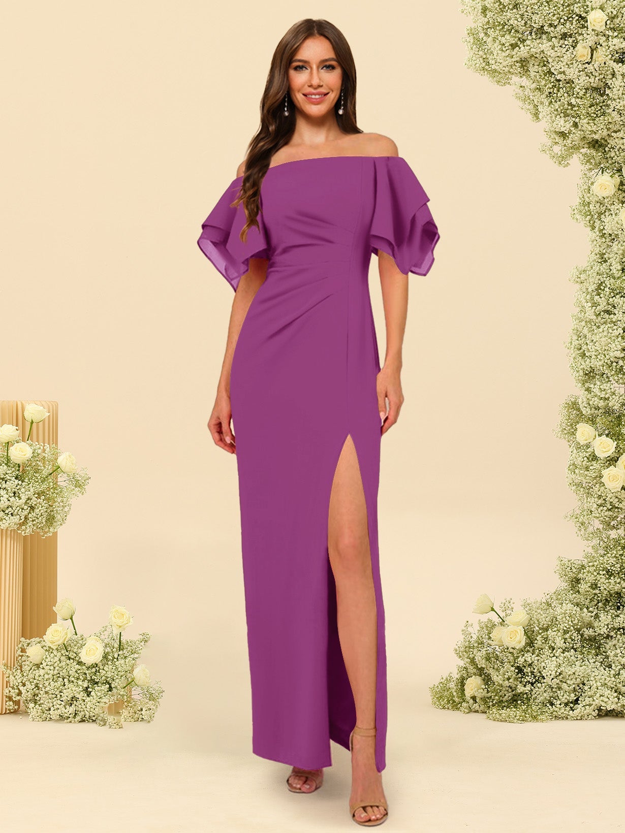 Sheath/Column Off-the-Shoulder Short Sleeves Bridesmaid Dresses with Split Side - 画像 (48)