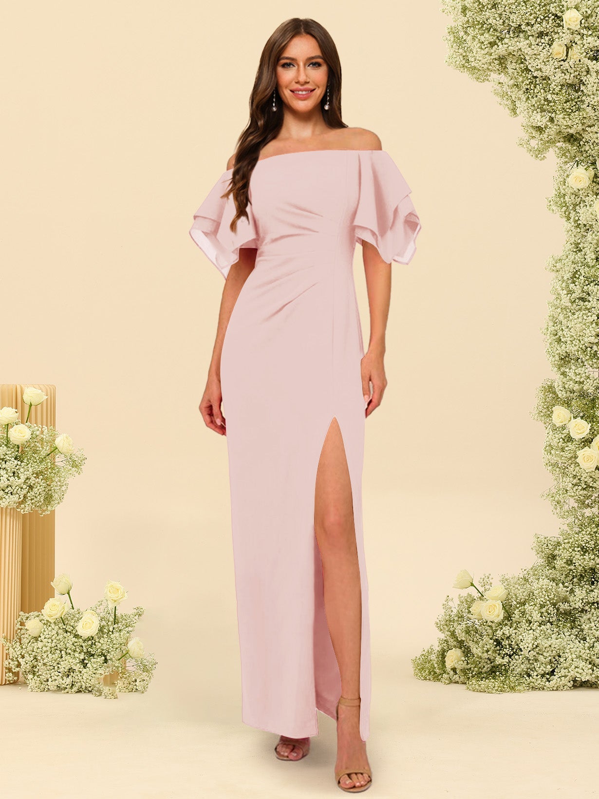 Sheath/Column Off-the-Shoulder Short Sleeves Bridesmaid Dresses with Split Side - 画像 (51)