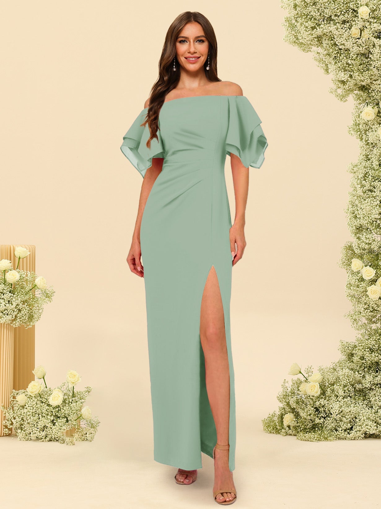 Sheath/Column Off-the-Shoulder Short Sleeves Bridesmaid Dresses with Split Side - 画像 (58)