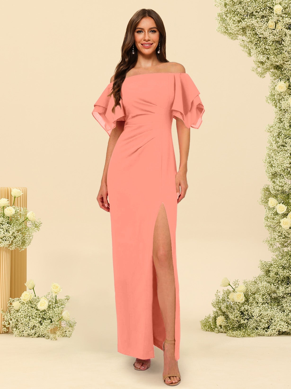 Sheath/Column Off-the-Shoulder Short Sleeves Bridesmaid Dresses with Split Side - 画像 (59)