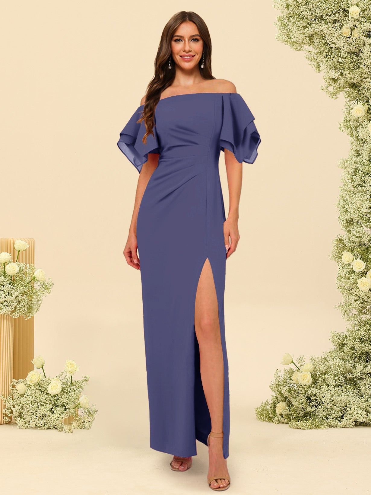 Sheath/Column Off-the-Shoulder Short Sleeves Bridesmaid Dresses with Split Side - 画像 (65)