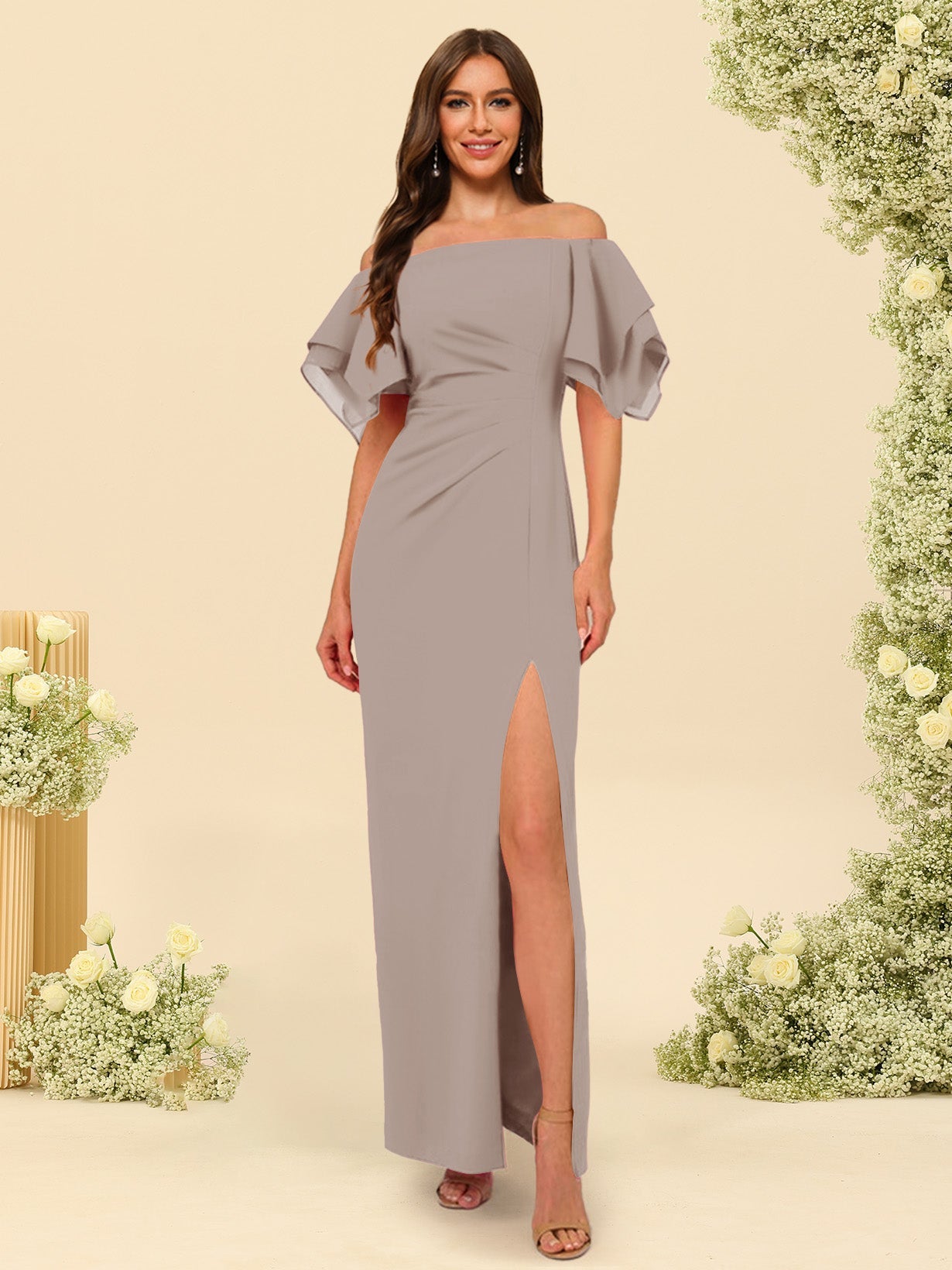Sheath/Column Off-the-Shoulder Short Sleeves Bridesmaid Dresses with Split Side - 画像 (66)