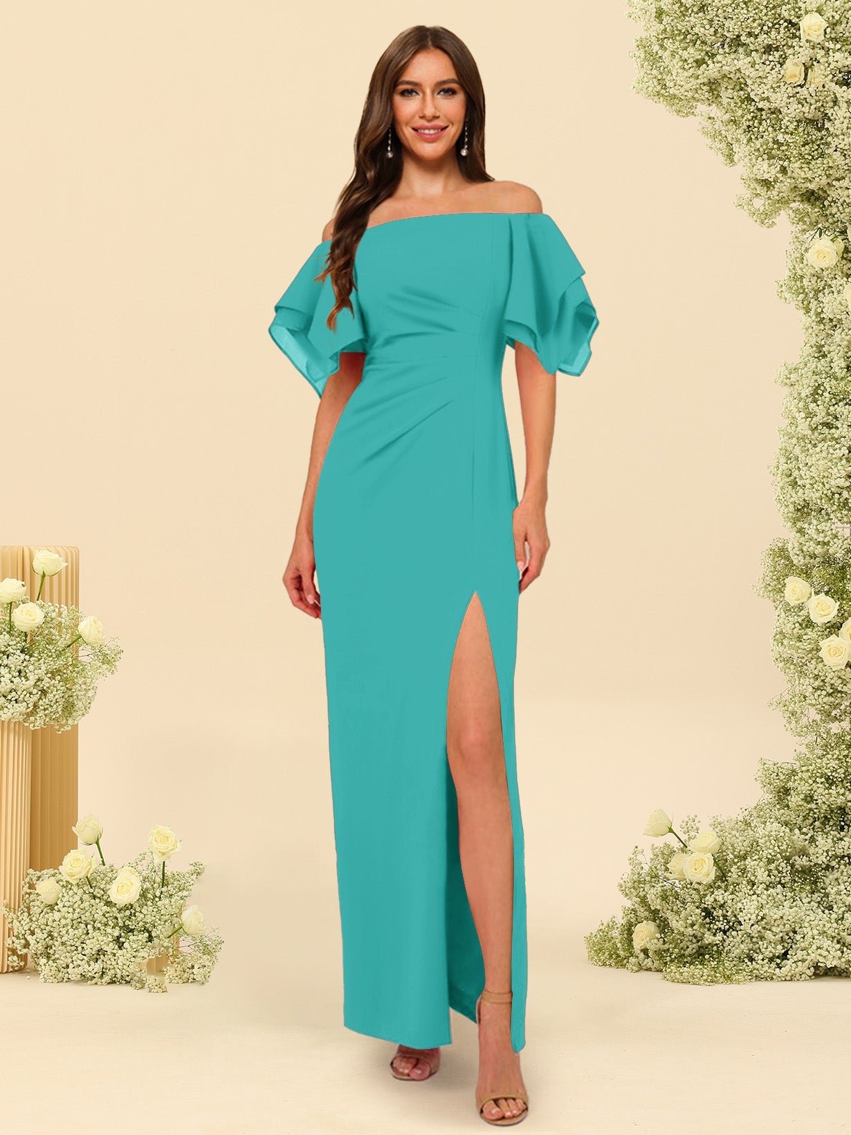 Sheath/Column Off-the-Shoulder Short Sleeves Bridesmaid Dresses with Split Side - 画像 (68)