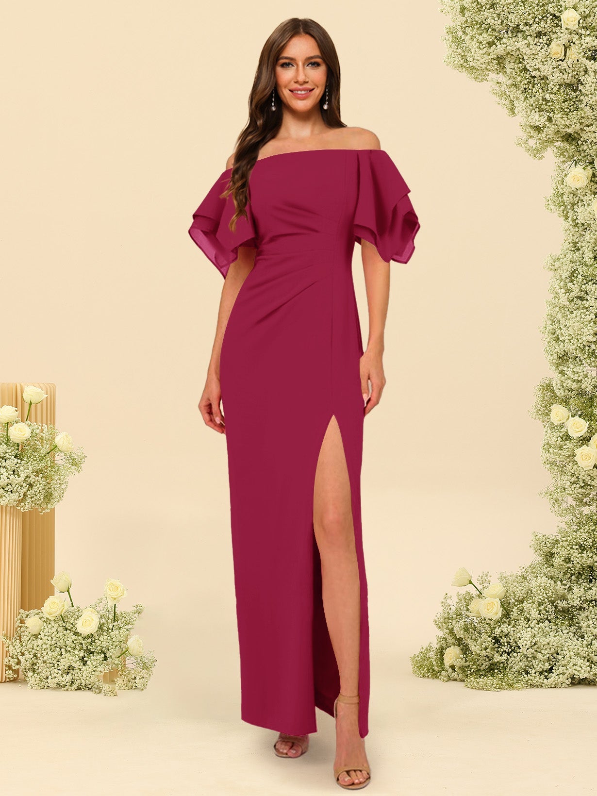 Sheath/Column Off-the-Shoulder Short Sleeves Bridesmaid Dresses with Split Side - 画像 (70)