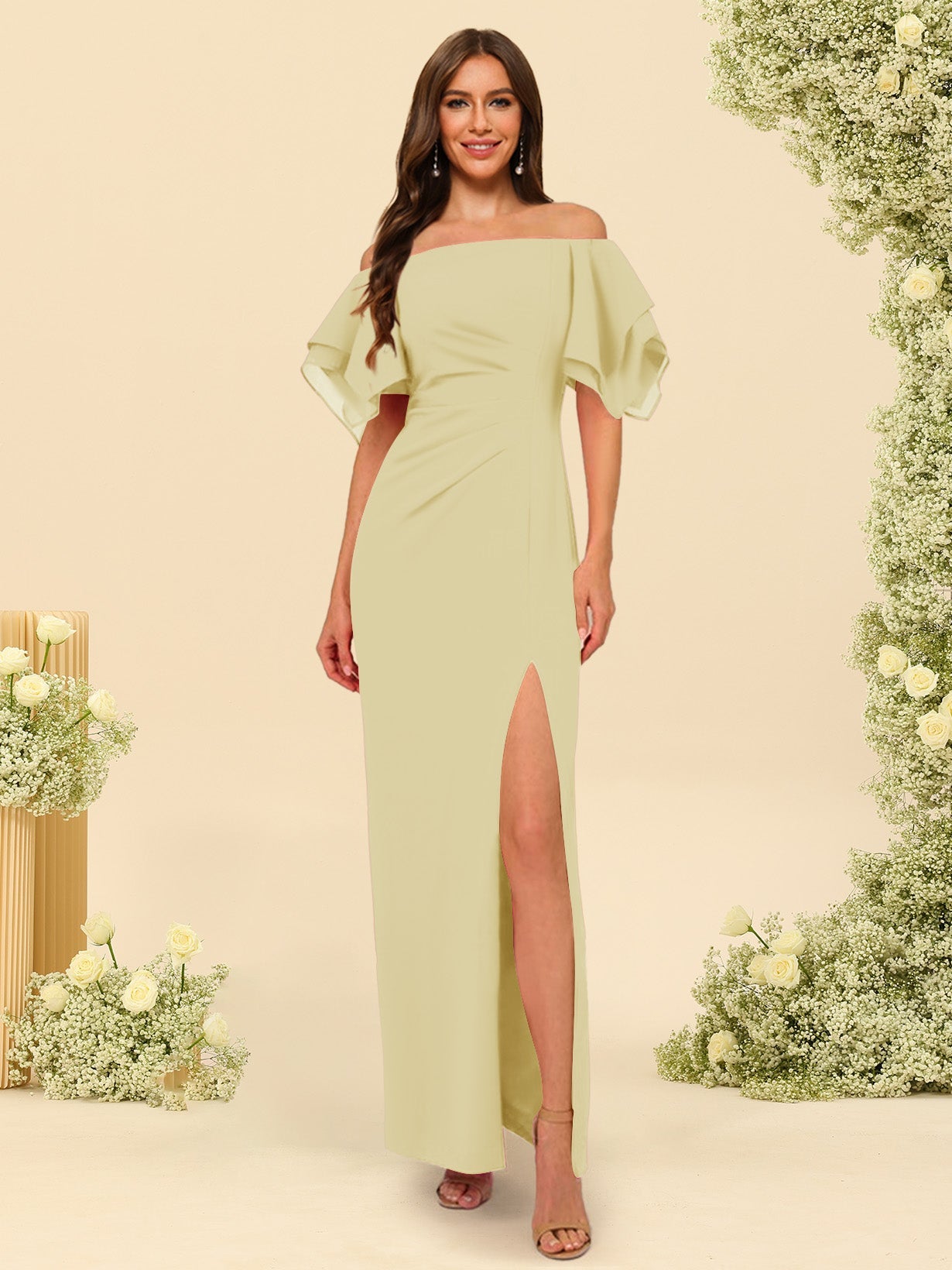 Sheath/Column Off-the-Shoulder Short Sleeves Bridesmaid Dresses with Split Side - 画像 (72)
