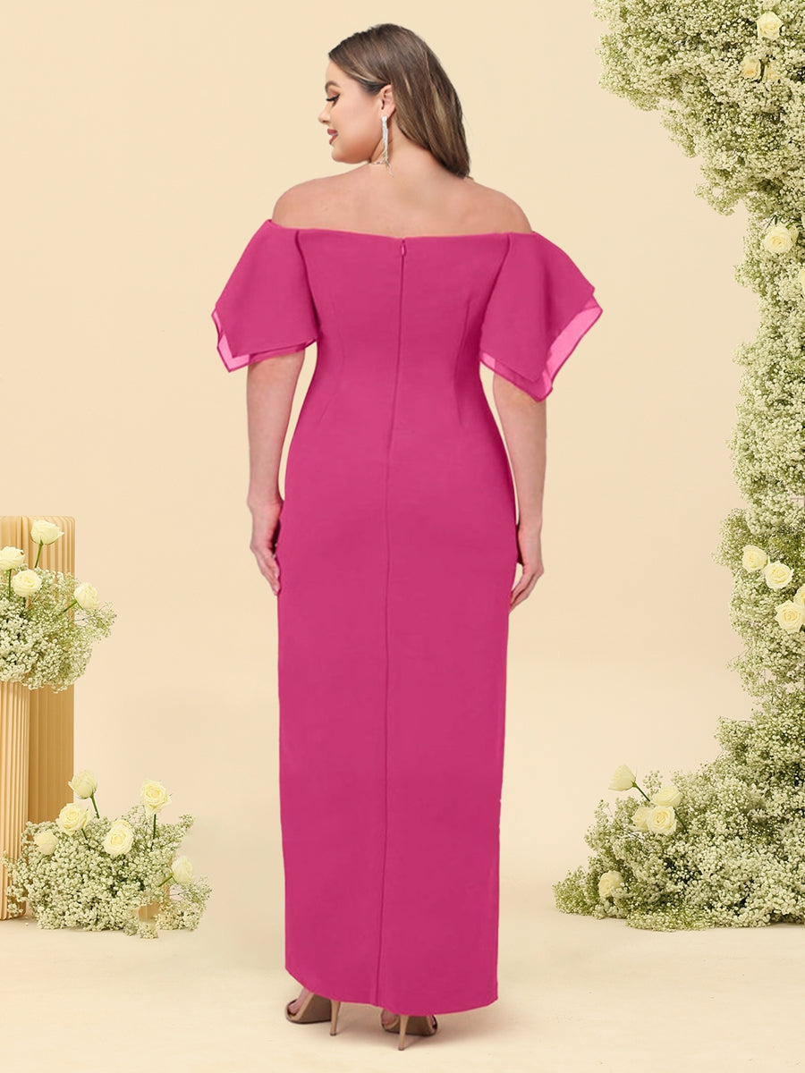 Sheath/Column Off-the-Shoulder Short Sleeves Plus Size Bridesmaid Dresses with Split Side - 画像 (2)