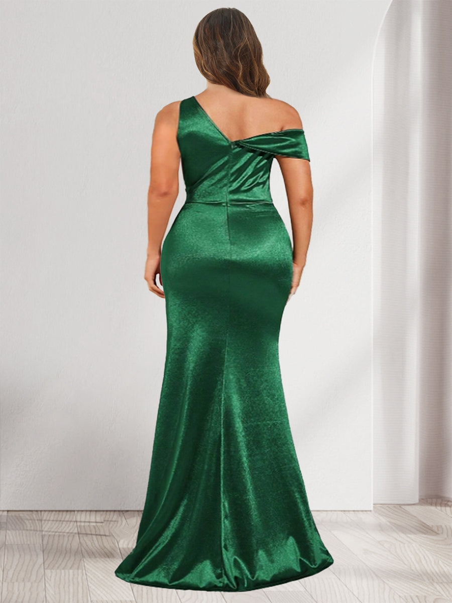 Sheath/Column V-Neck Sleeveless Floor-Length Ruched Satin Plus Size Bridesmaid Dresses with Split Side - Image 2