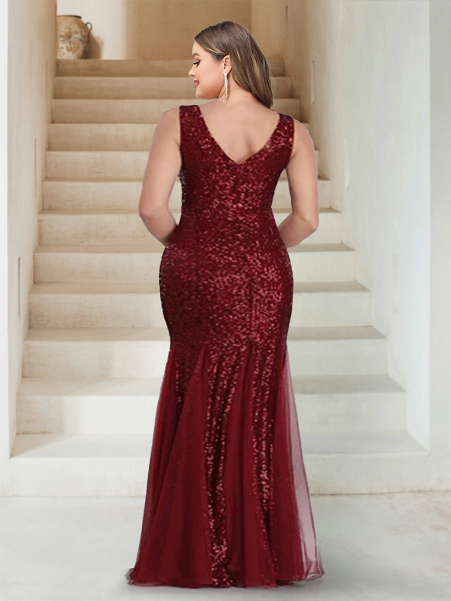 Sparkly Trumpet/Mermaid V-Neck Sleeveless Floor-Length Plus Size Bridesmaid Dresses - 画像 (2)