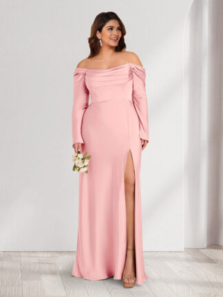 Sheath/Column Off-the-Shoulder Long Sleeves Ruched Plus Size Bridesmaid Dresses with Split Side