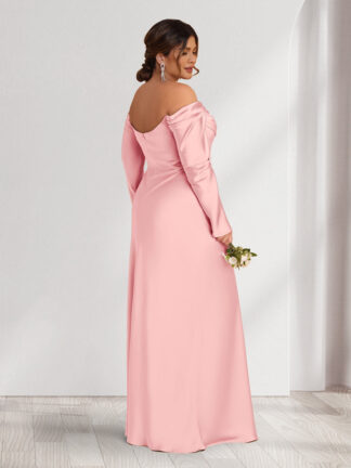Sheath/Column Off-the-Shoulder Long Sleeves Ruched Plus Size Bridesmaid Dresses with Split Side