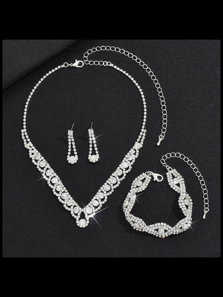 1 set Bridal Jewelry Three-piece Suit Rhinestone Imitation Diamond Necklace Bracelet Earrings Women's Jewelry Set For Wedding Gift - Image 2