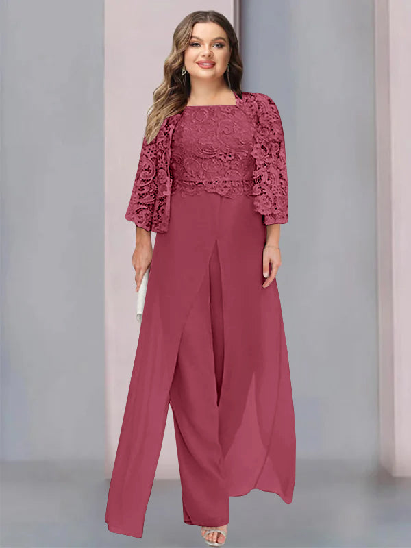 Chiffon Square Neck Floor-Length Plus Size Mother of the Bride Pantsuits with Jacket & Split Side - 画像 (32)