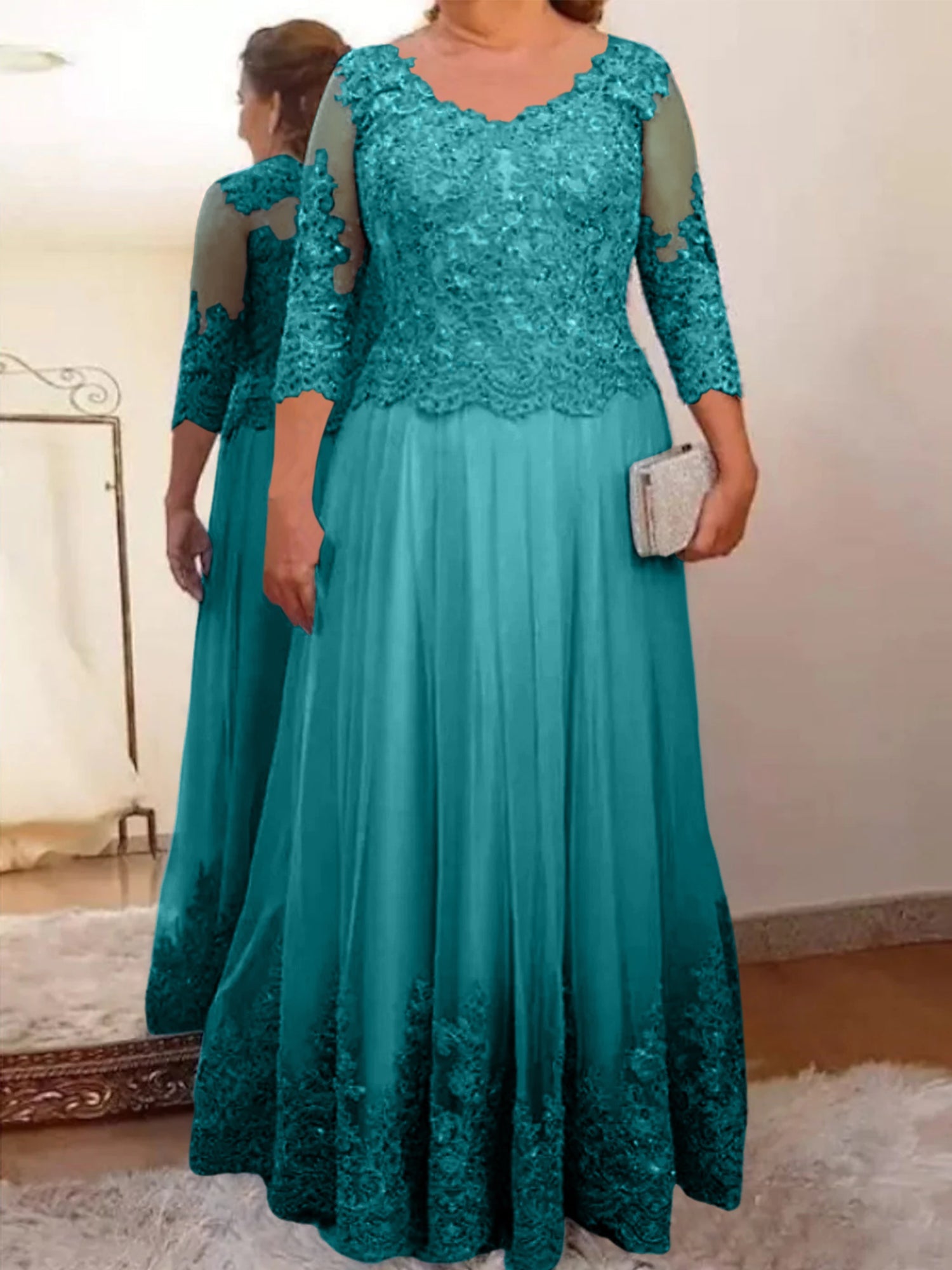 A-Line/Princess Sheer Neck 3/4 Length Sleeves Floor-Length Mother of the Bride Dresses with Applique - Image 6