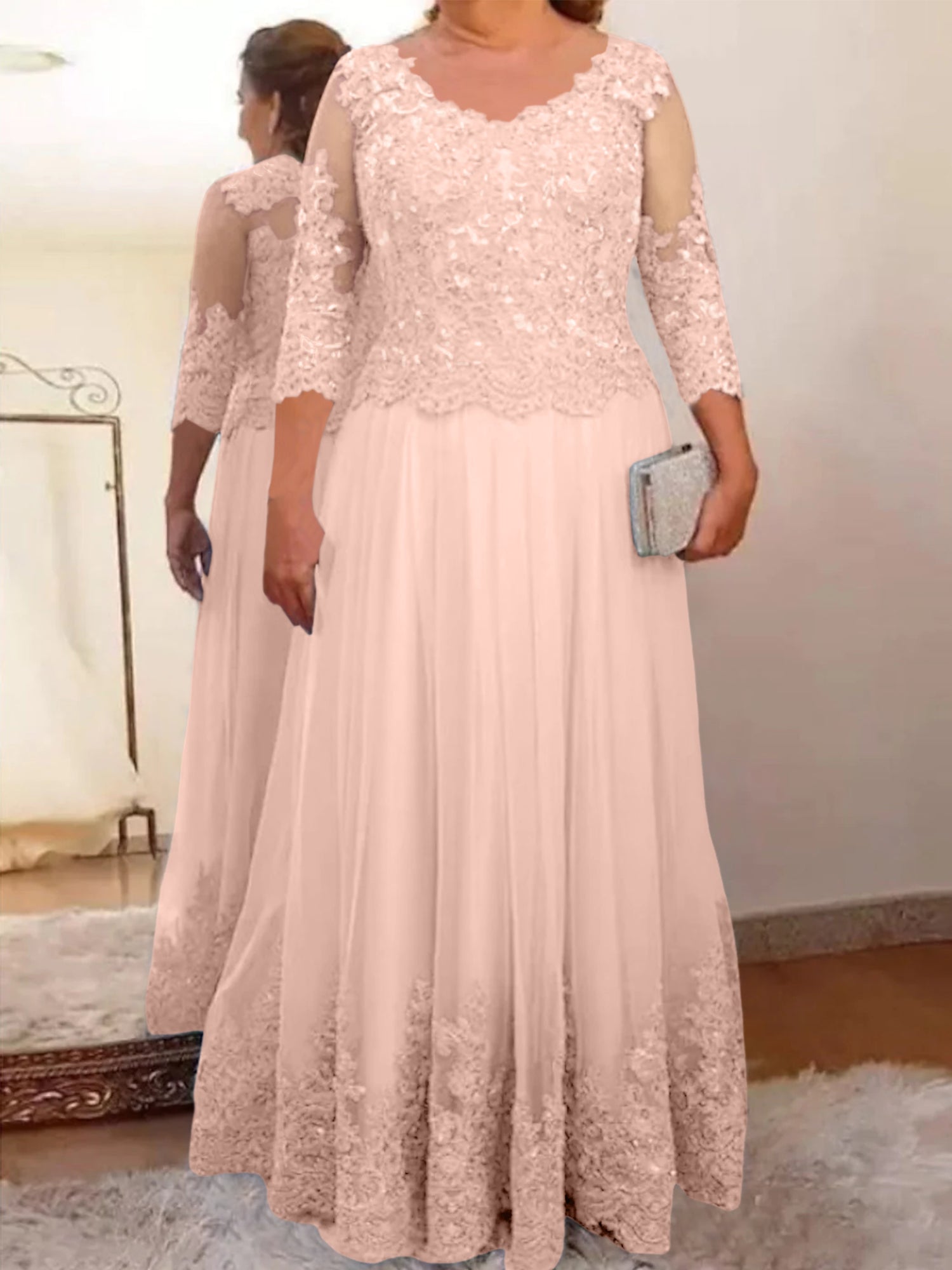 A-Line/Princess Sheer Neck 3/4 Length Sleeves Floor-Length Mother of the Bride Dresses with Applique - Image 42