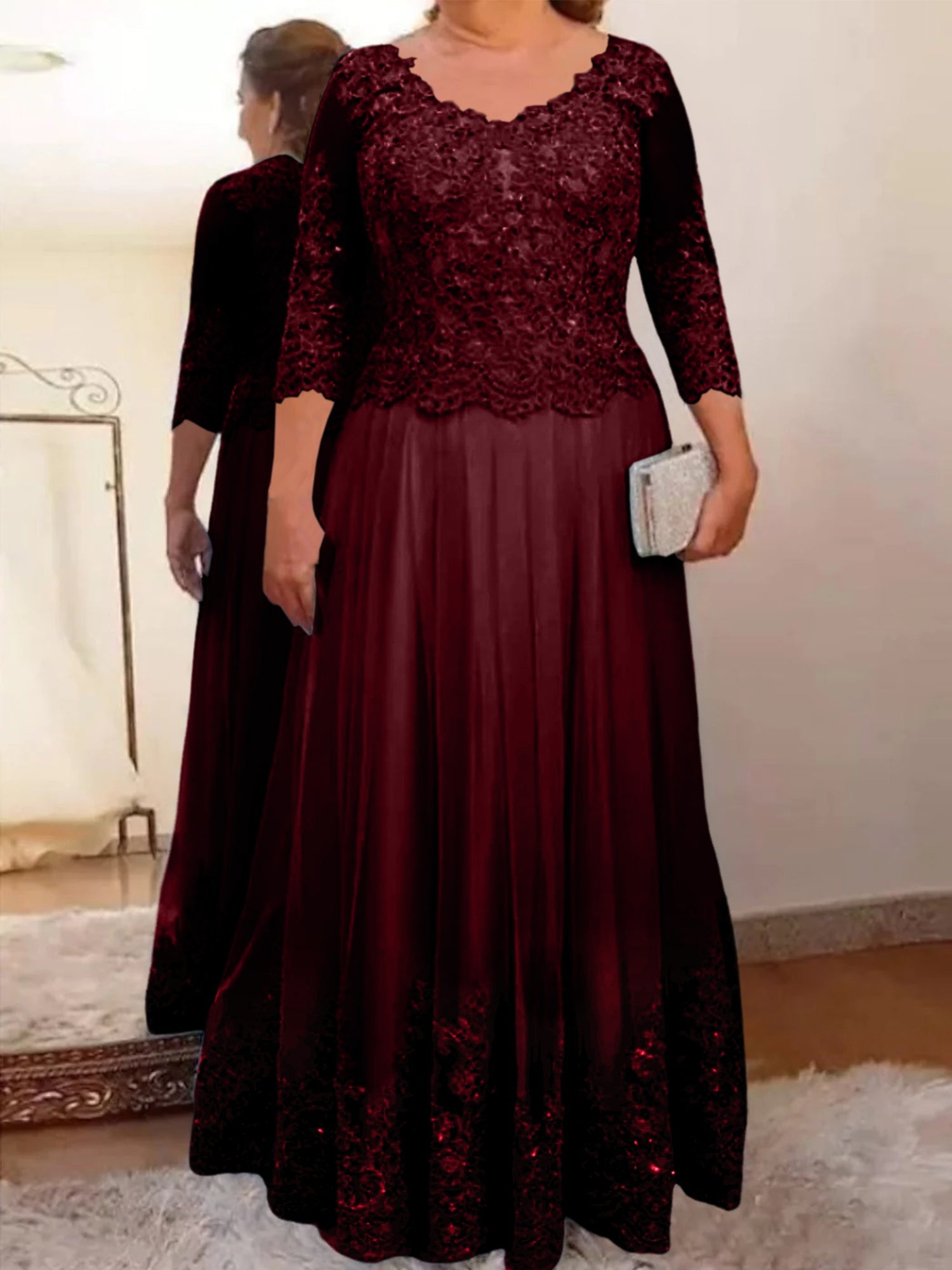 A-Line/Princess Sheer Neck 3/4 Length Sleeves Floor-Length Mother of the Bride Dresses with Applique - Image 43