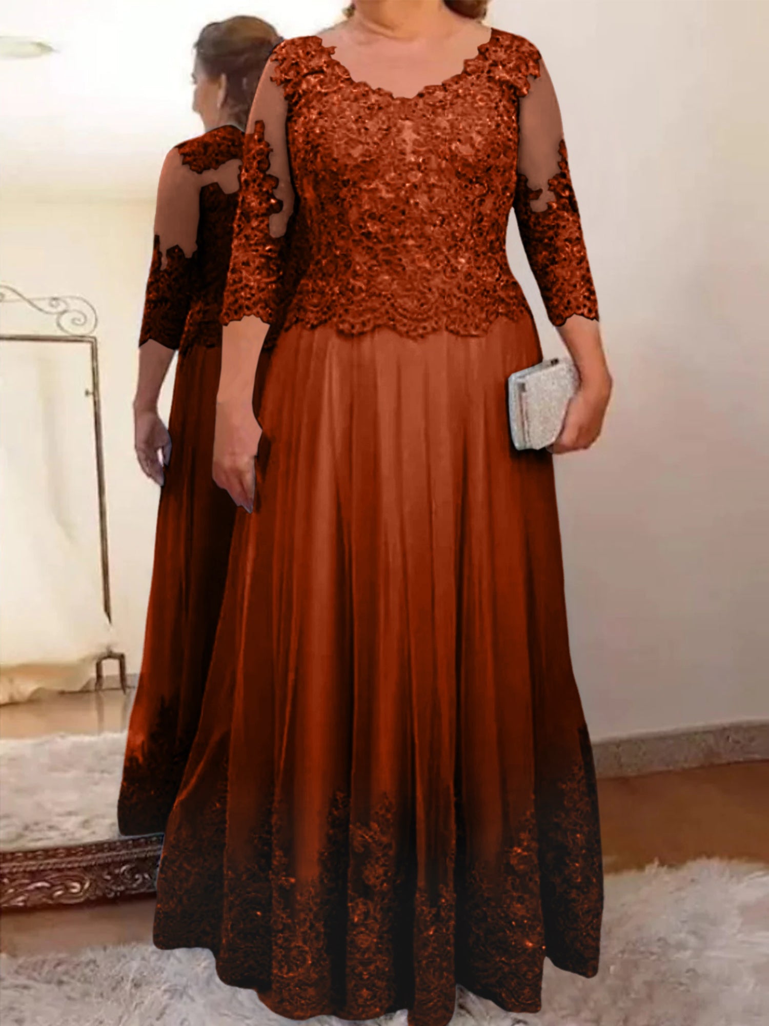 A-Line/Princess Sheer Neck 3/4 Length Sleeves Floor-Length Mother of the Bride Dresses with Applique - Image 44