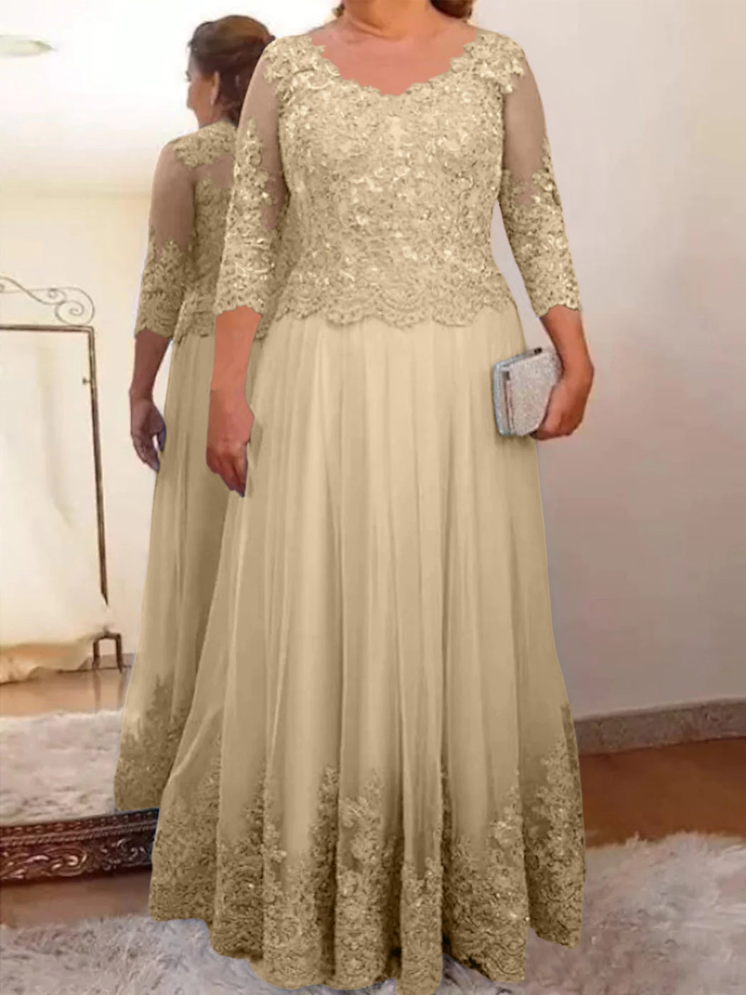 A-Line/Princess Sheer Neck 3/4 Length Sleeves Floor-Length Mother of the Bride Dresses with Applique - Image 46