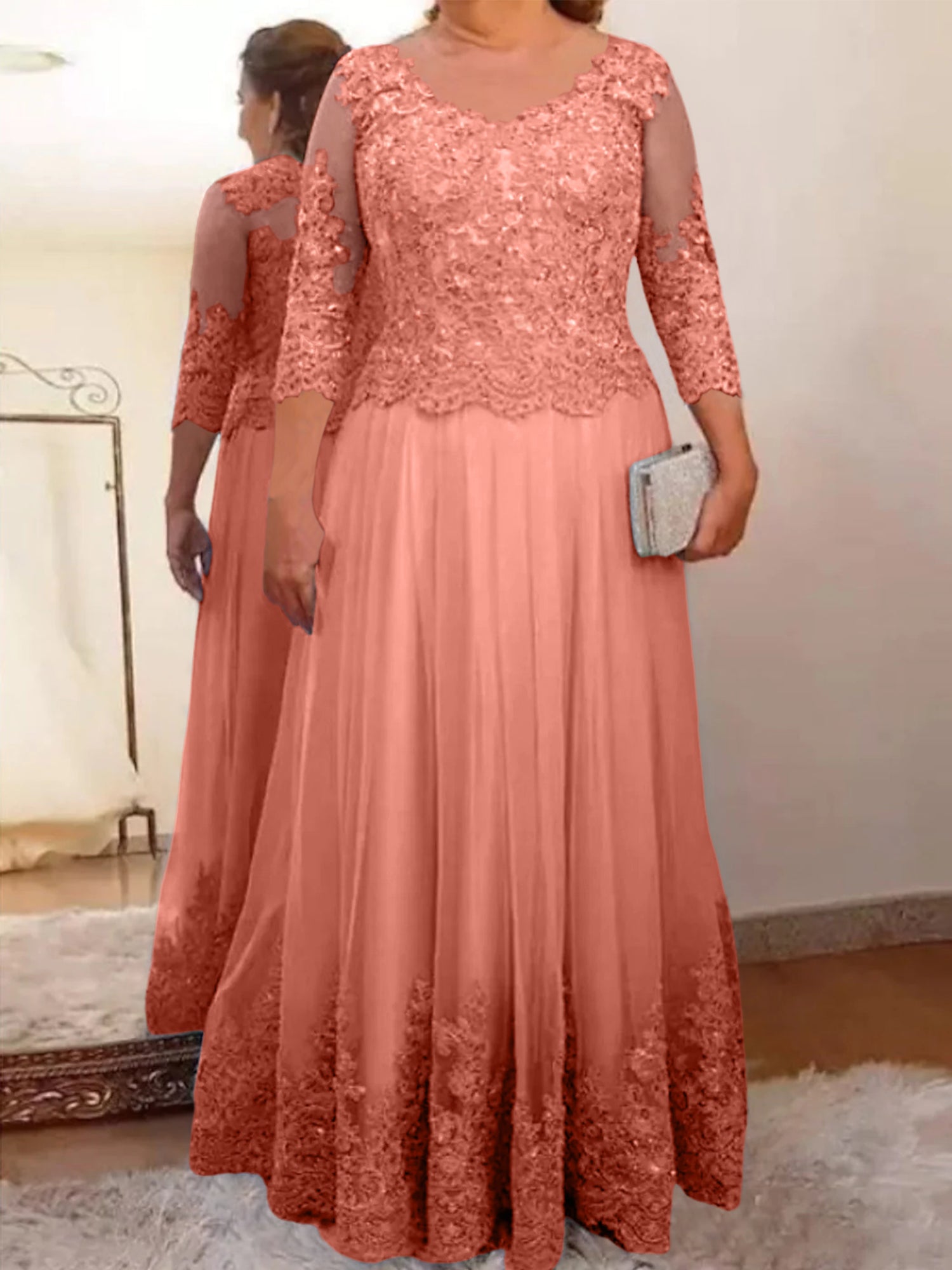 A-Line/Princess Sheer Neck 3/4 Length Sleeves Floor-Length Mother of the Bride Dresses with Applique - Image 47