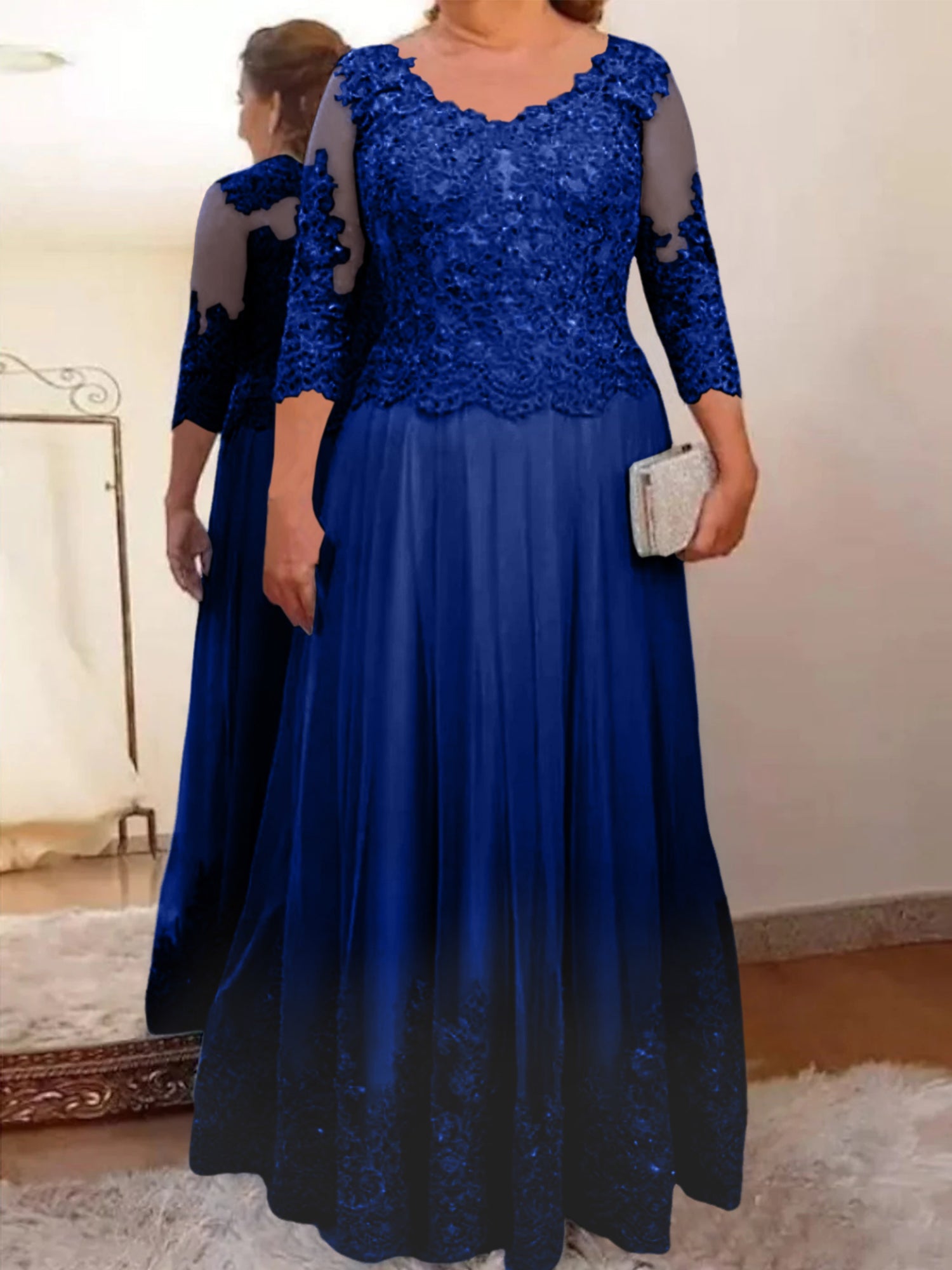 A-Line/Princess Sheer Neck 3/4 Length Sleeves Floor-Length Mother of the Bride Dresses with Applique - Image 48