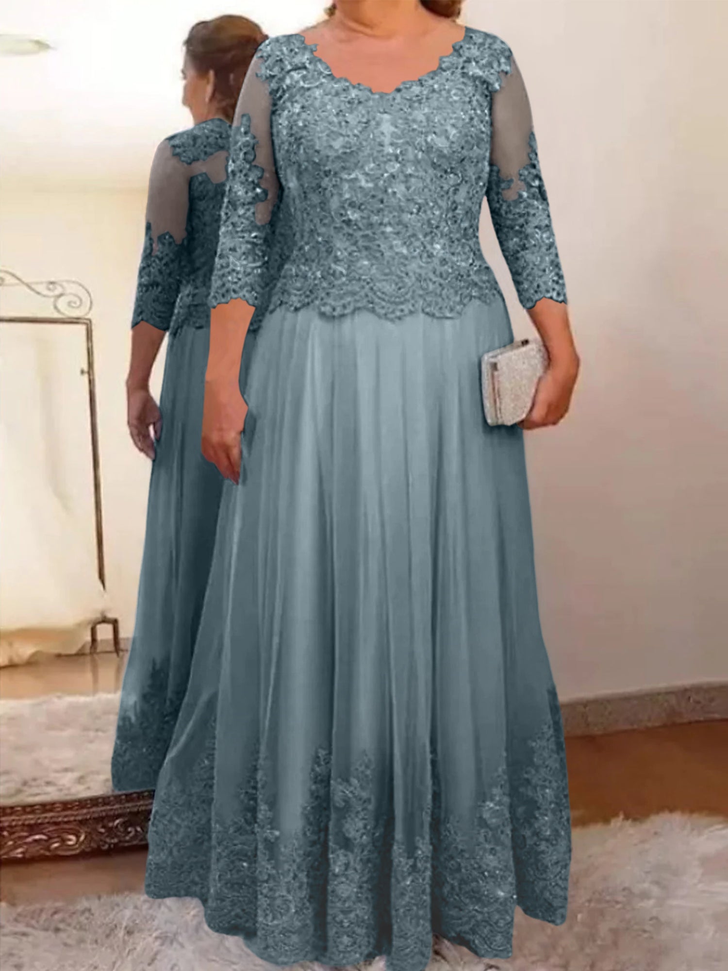 A-Line/Princess Sheer Neck 3/4 Length Sleeves Floor-Length Mother of the Bride Dresses with Applique - Image 21
