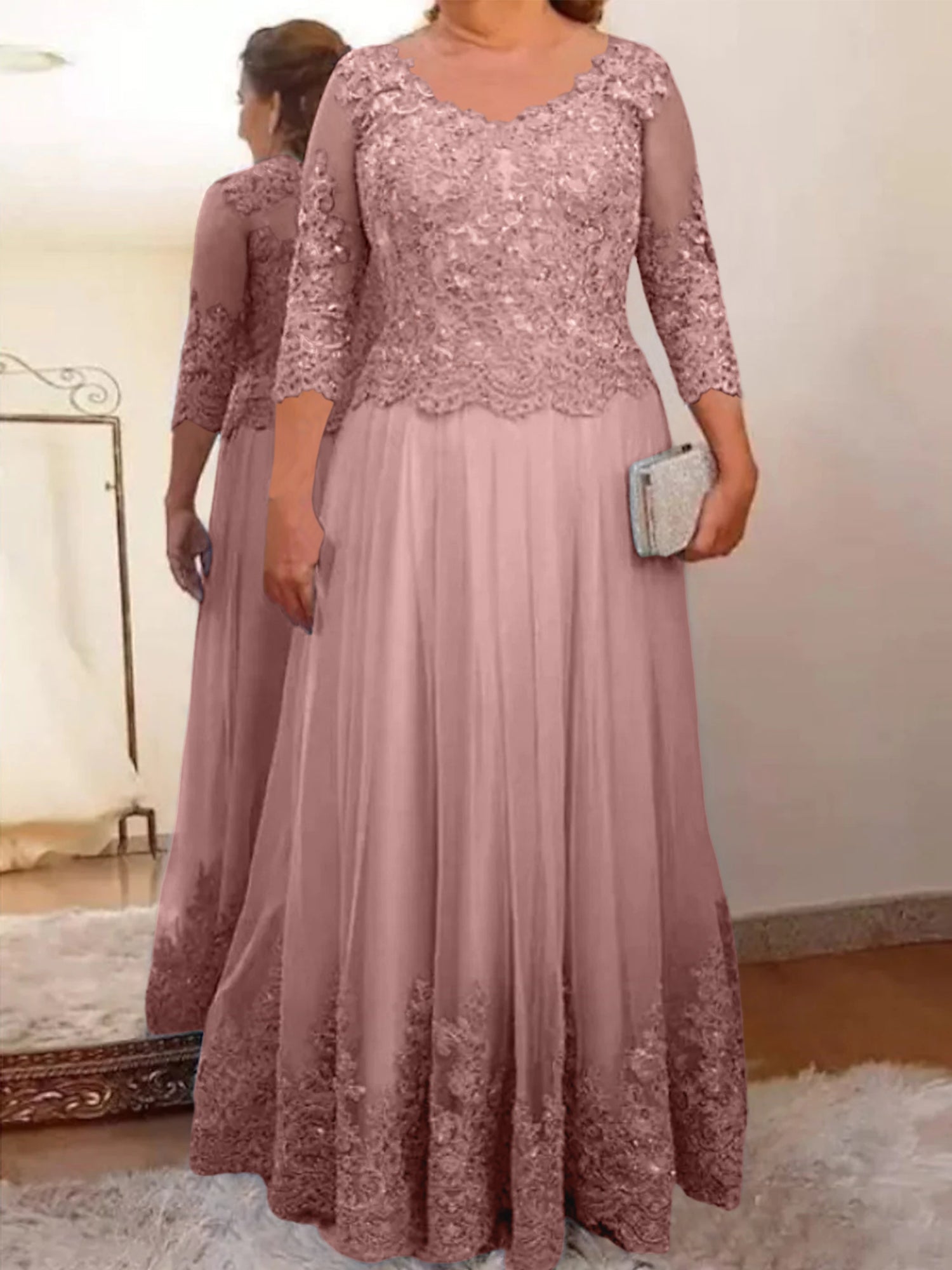 A-Line/Princess Sheer Neck 3/4 Length Sleeves Floor-Length Mother of the Bride Dresses with Applique - Image 49