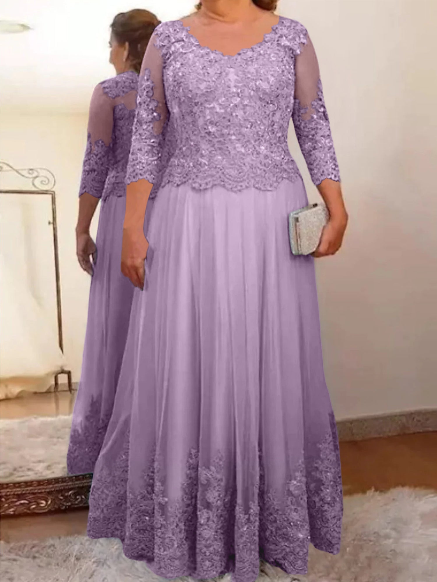 A-Line/Princess Sheer Neck 3/4 Length Sleeves Floor-Length Mother of the Bride Dresses with Applique - Image 50