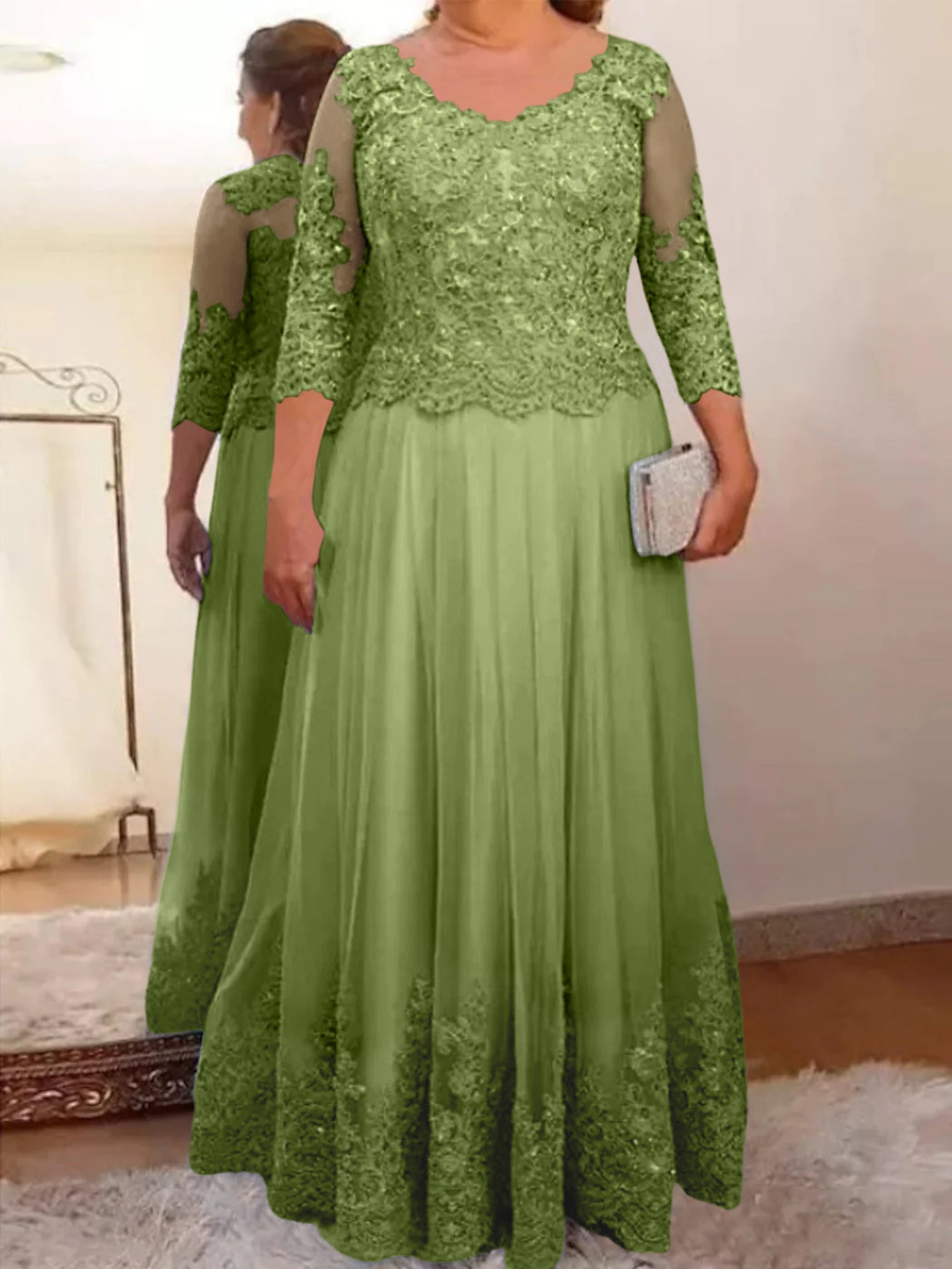 A-Line/Princess Sheer Neck 3/4 Length Sleeves Floor-Length Mother of the Bride Dresses with Applique - Image 52